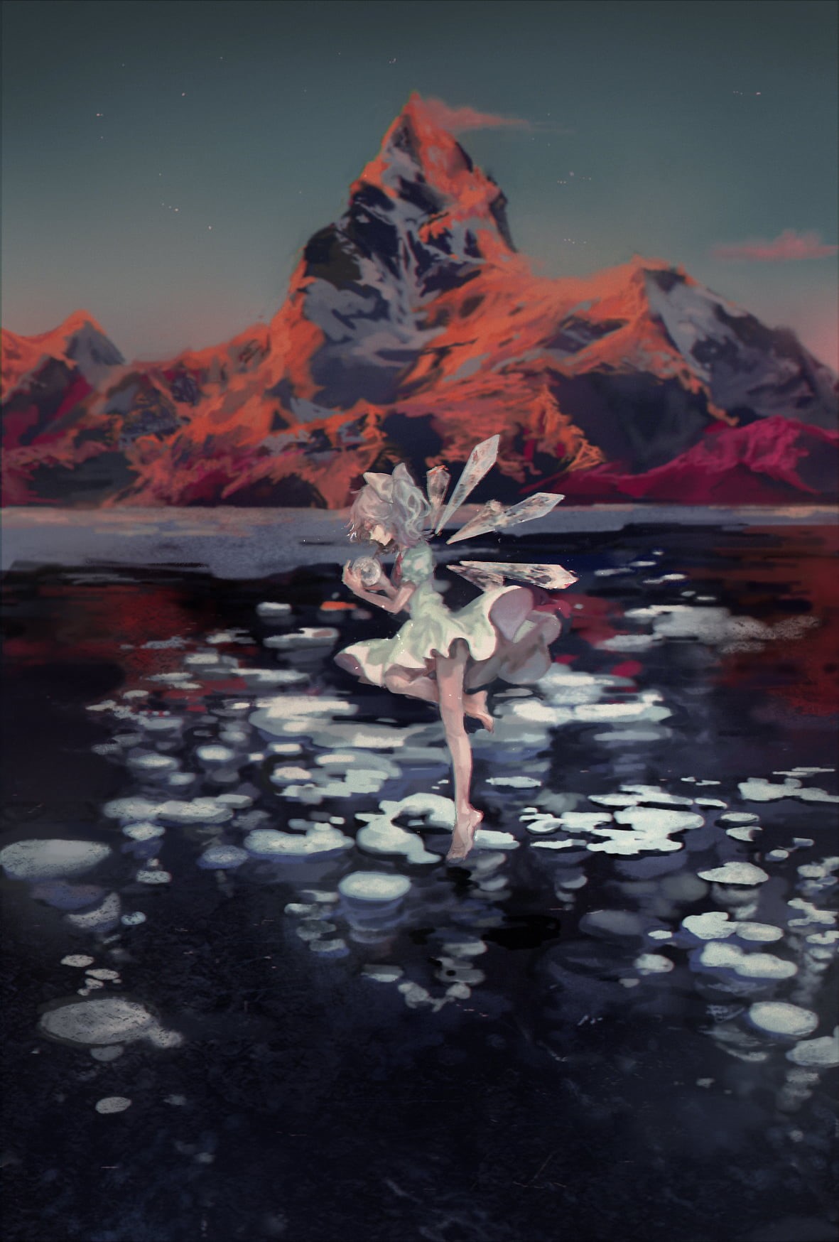 tranquil scene, figurine, Touhou, mountain, snow, floating on water, no people, anaglyphic, lake, nature, environment, Cirno, orange color, winter, night, Phone HD Wallpaper
