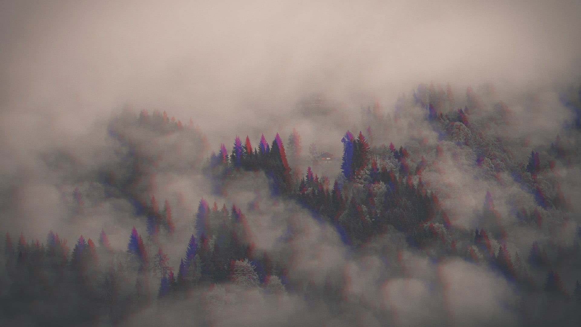 environment, pine woodland, fog, purple, trees, multi colored, forest, cloud - sky, coniferous tree, clouds, foresttrees, anaglyph 3D, sky, nature, beauty in nature, HD Wallpaper