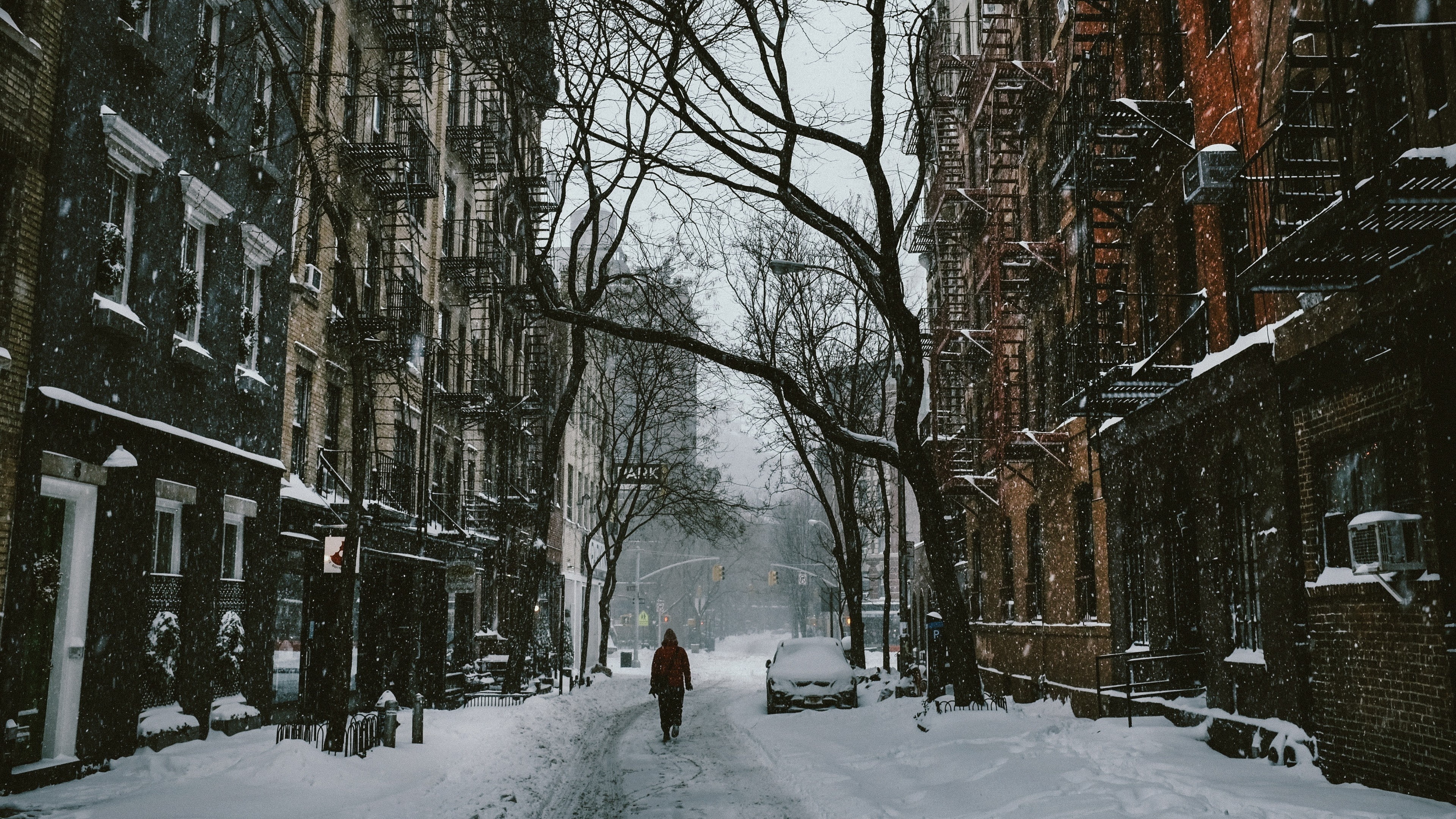 Chanan Greenblatt, street art, 4K, snow, photography, snowing, bricks, city, alone, solice, street, HD Wallpaper