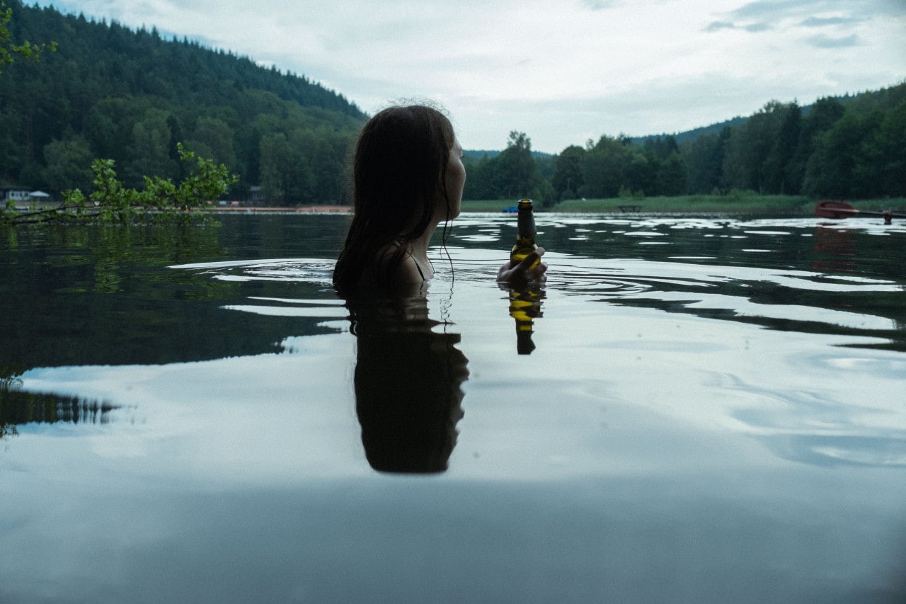 model, long hair, bottles, landscape, solice, real people, reflection, forest, wet hair, face, sky, tranquil scene, outdoors, tranquility, trees, drink, HD Wallpaper