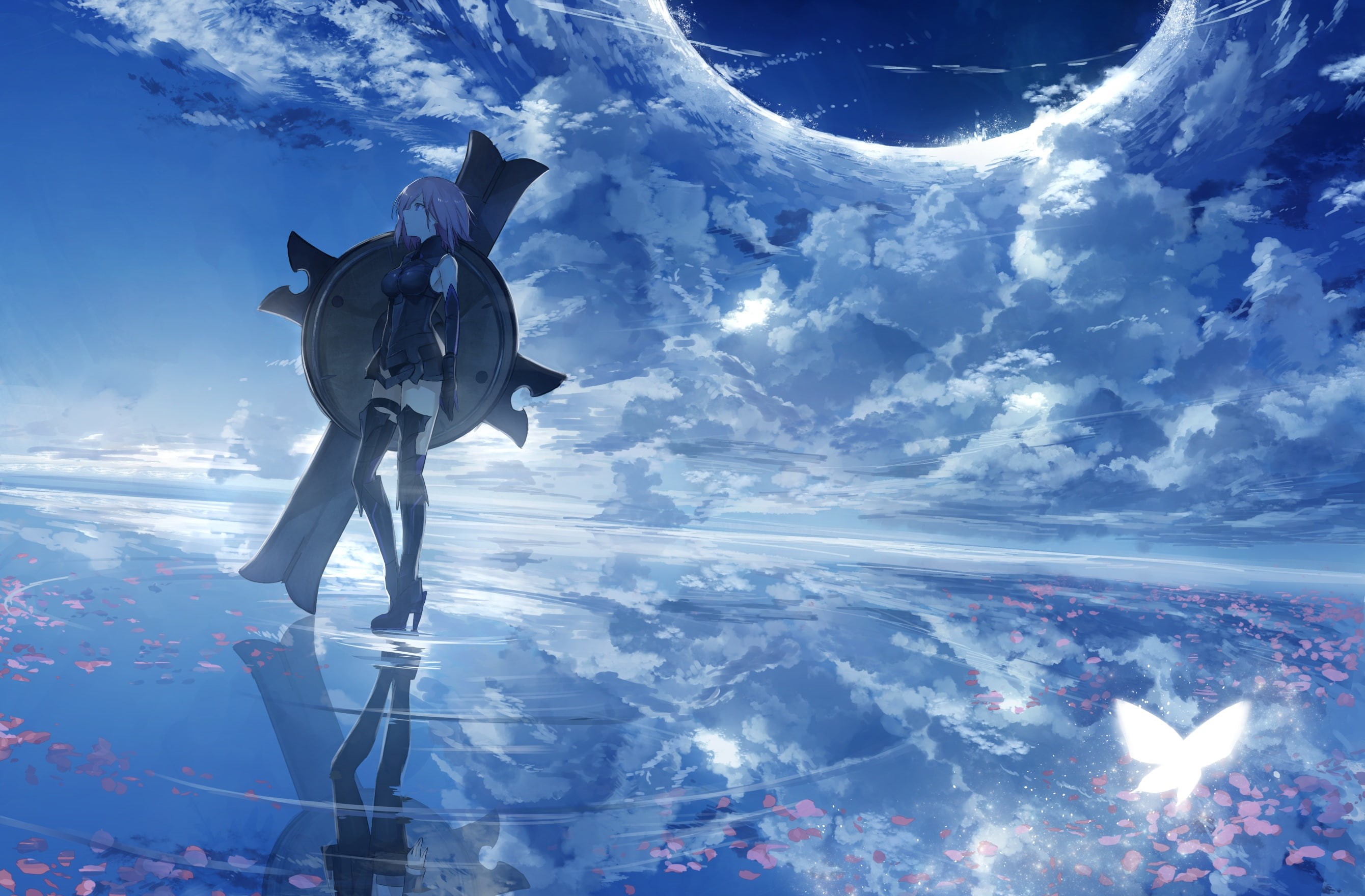 sky, clouds, Shielder (Fate/Grand Order), fantasy girl, reflection, 2K, Anime Grasoso, anime, anime girls, blue, HD Wallpaper