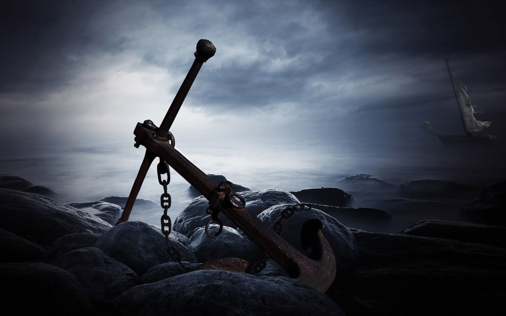 sea, anchors, 1080P, ship, sky, rocks, clouds, HD Wallpaper