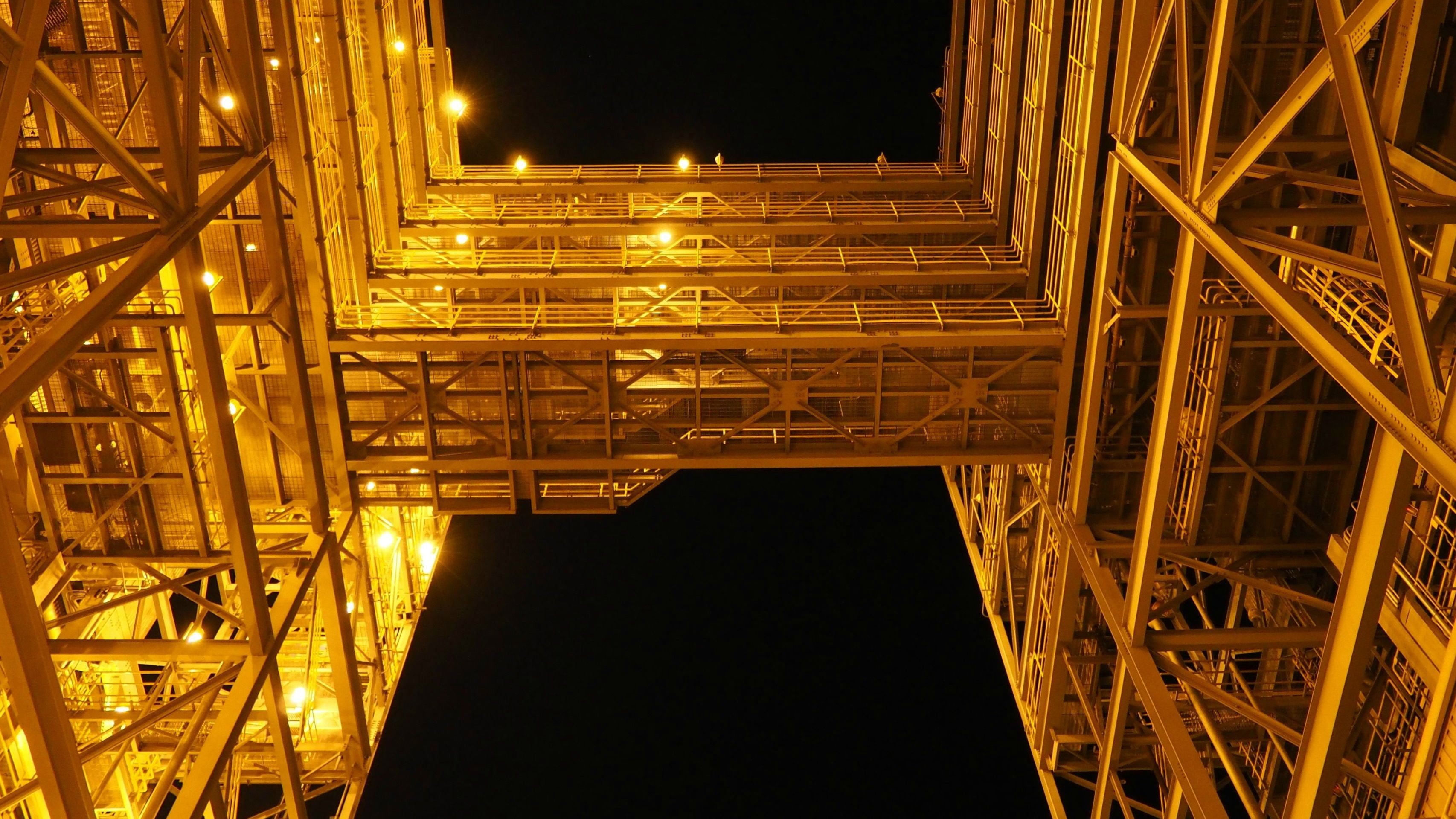 architecture, nature, metal, bridge, building, outdoors, no people, transportation, night, low angle view, illuminated, sky, connection, worms eye view, HD Wallpaper