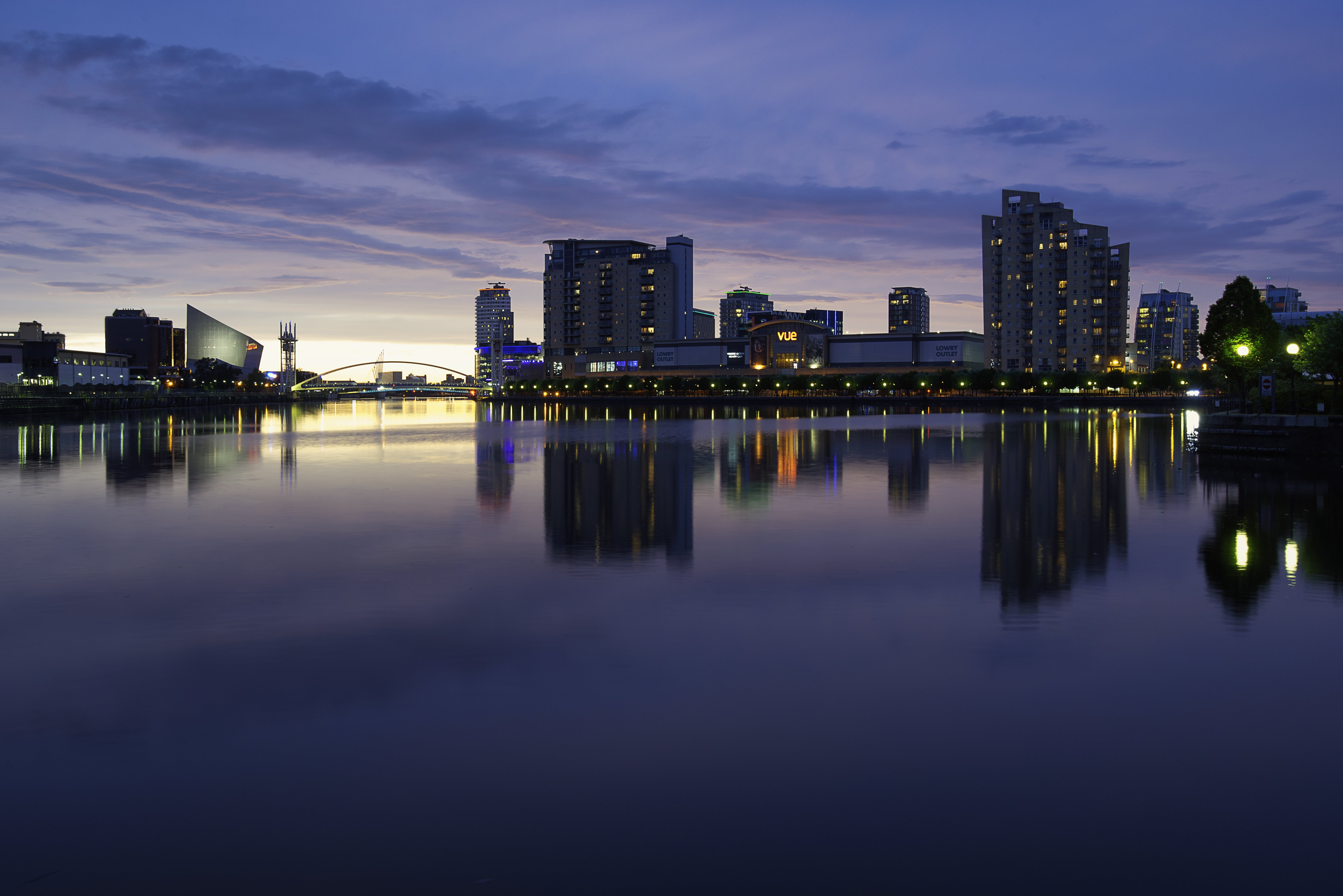 skyscraper, dusk, river, quays, city, downtown District, salford, urban Scene, architecture, blue, cityscape, 5K, water, reflection, urban Skyline, night, HD Wallpaper