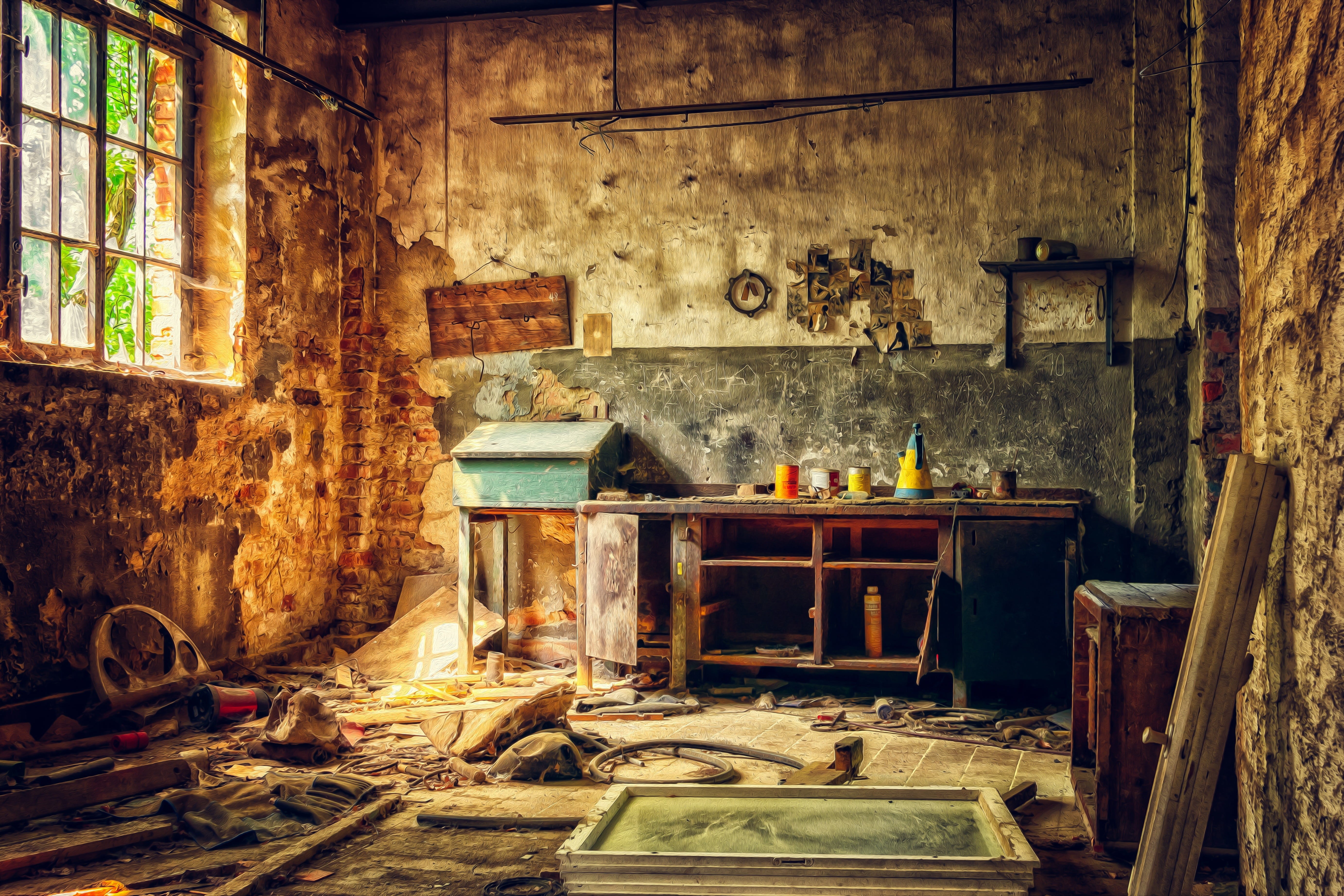 pforphoto, old factory, deterioration, decay, workshop, indoors, nostalgia, 5K, dirt, building, clutter, house, damaged, messy, brown, obsolete, old, destroyed, HD Wallpaper