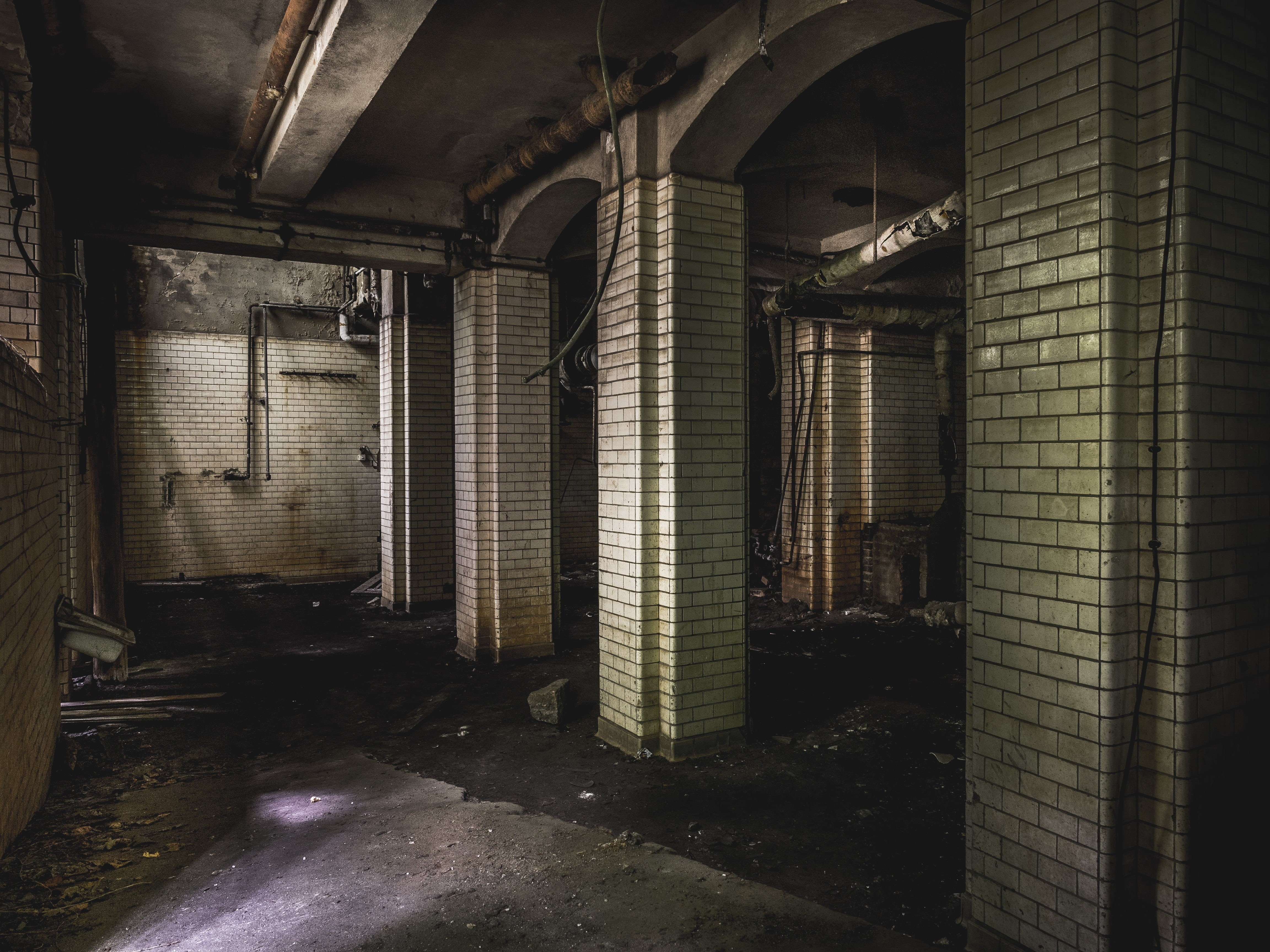 built structure, arch, no people, lost place, spooky, hallway, brick, nightmare, absence, horror, gloomy, gray, ailing, pforphoto, hospital, indoors, abandoned building, HD Wallpaper