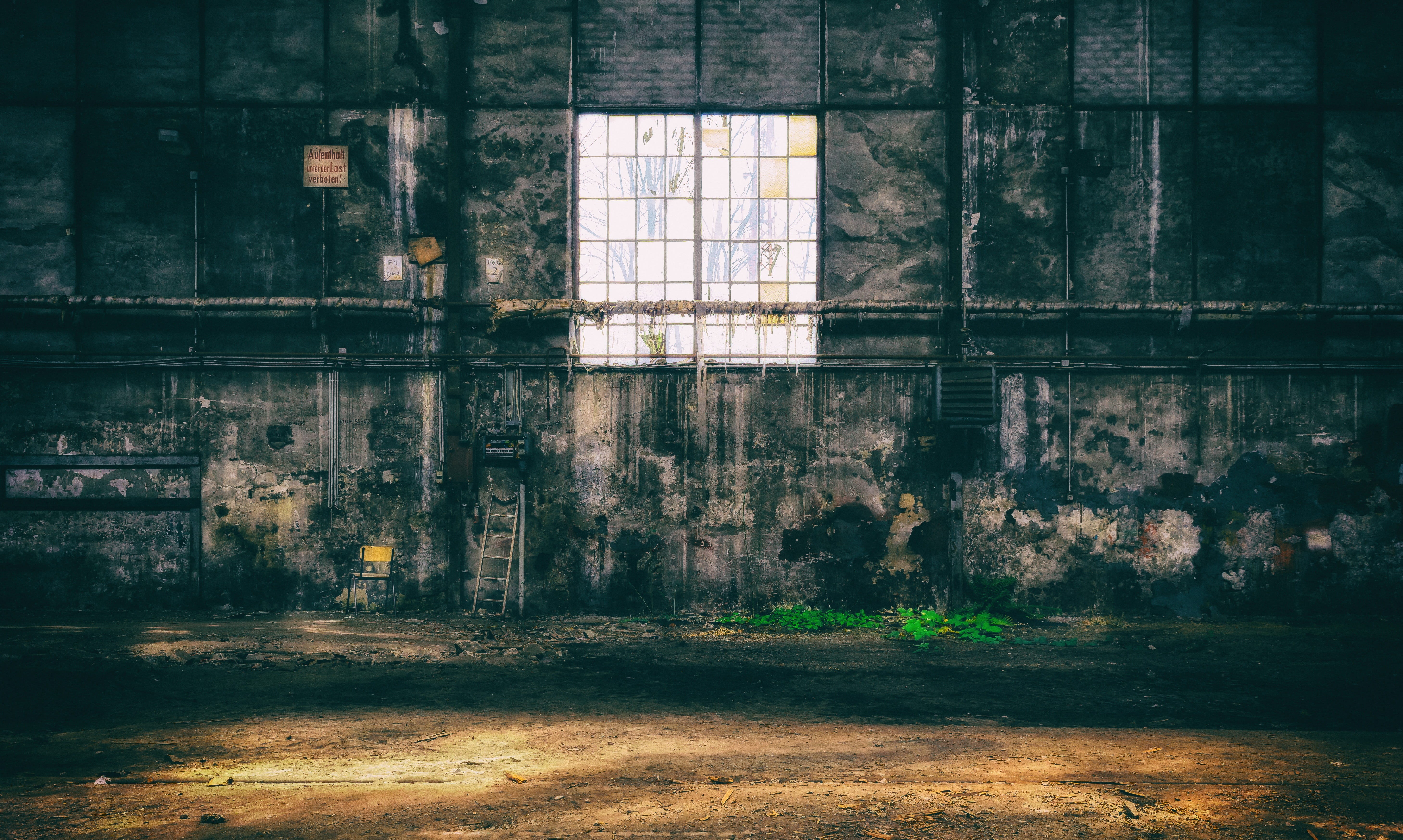 run-down, mood, damaged, factory building, black, concrete, weathered, decline, ruin, light, architecture, abandoned, glass - material, gloomy, hall, ruined, HD Wallpaper