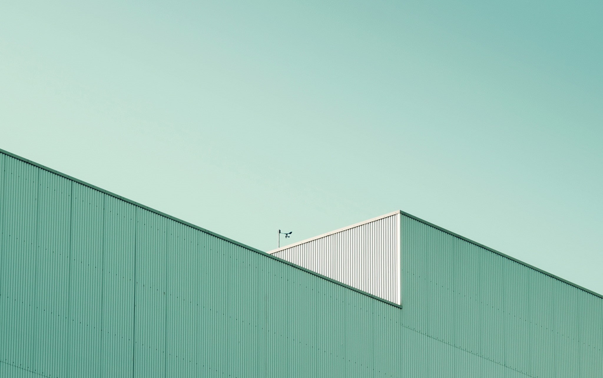 architecture, wall - building feature, turquoise colored, blue, outdoors, day, building exterior, 1080P, no people, corrugated, nature, warehouse, clear sky, HD Wallpaper