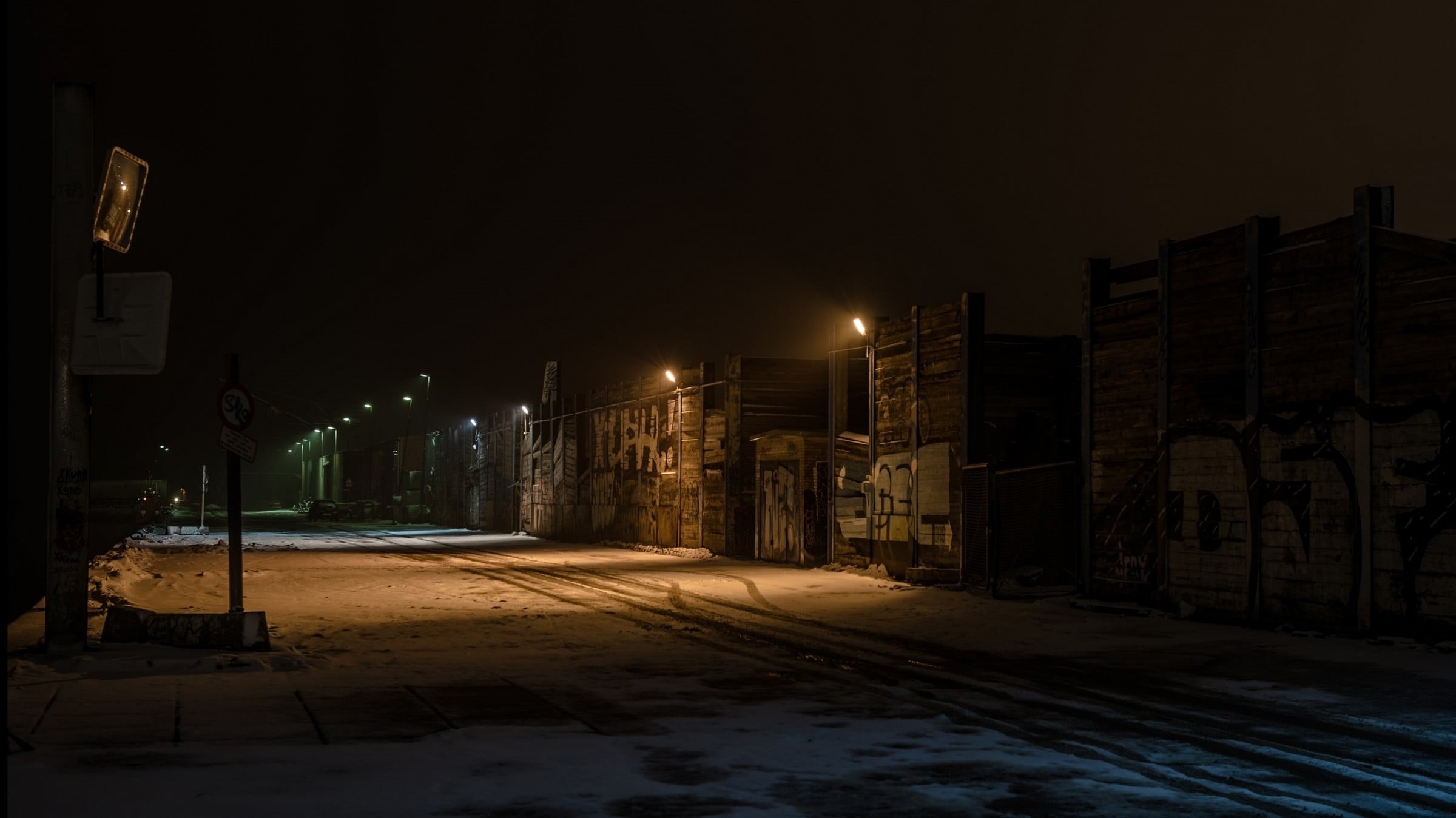 gray, architecture, nature, snow, transportation, 1080P, building exterior, sky, street light, light, concrete, road, the way forward, lights, building, HD Wallpaper