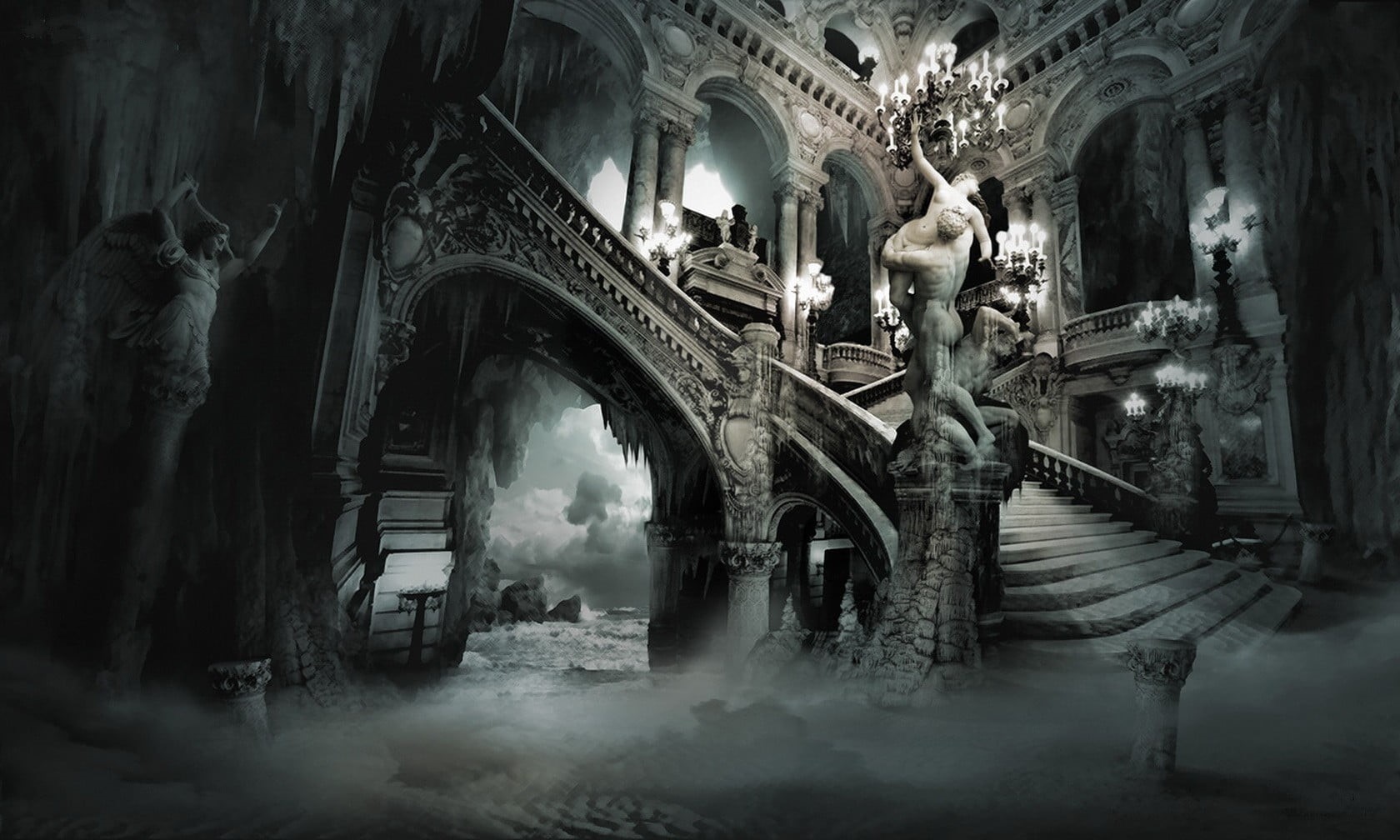 ceiling, fantasy art, art and craft, building, history, spirituality, 720P, architectural column, built structure, religion, artwork, statue, indoors, HD Wallpaper