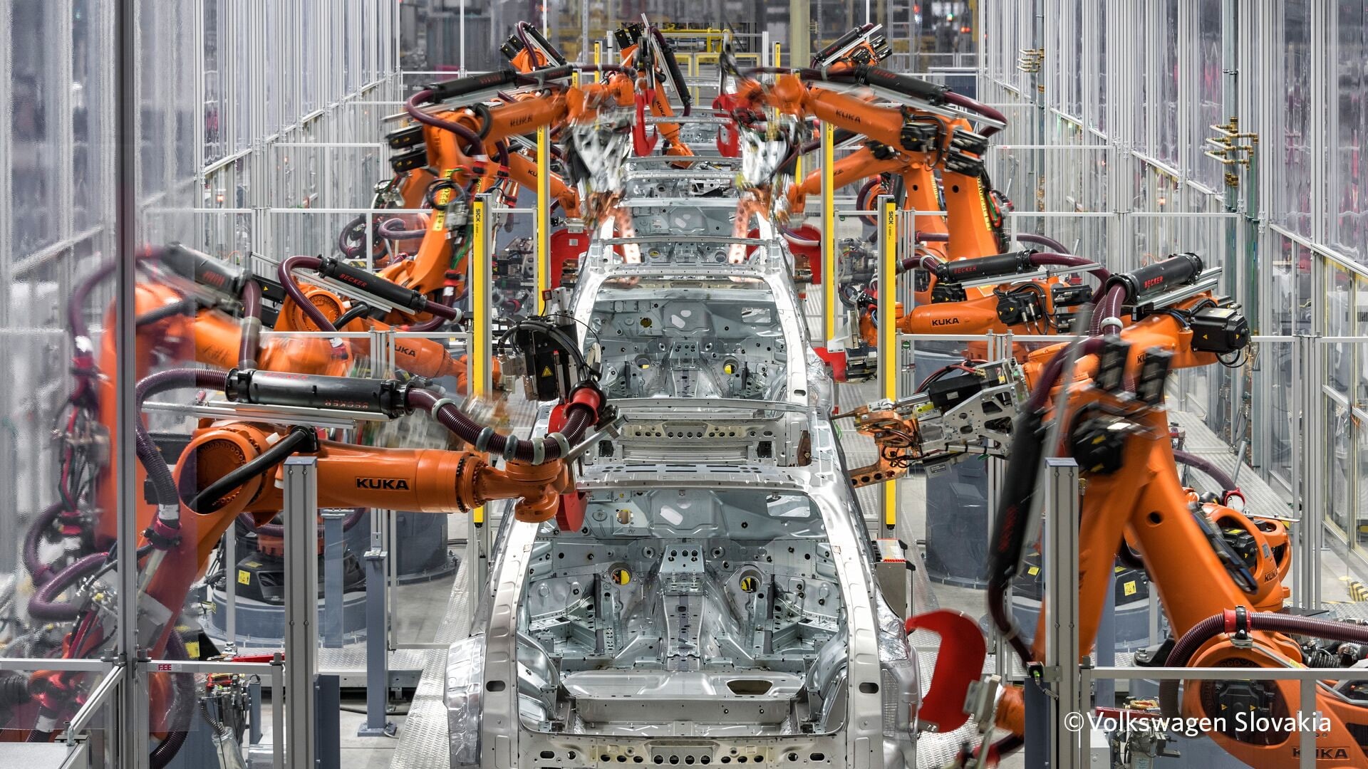 industrial, metal, machine, factory, technology, 1080P, motion blur, KUKA, welding, bodywork, vehicle, robot, Volkswagen, Slovakia, car, HD Wallpaper