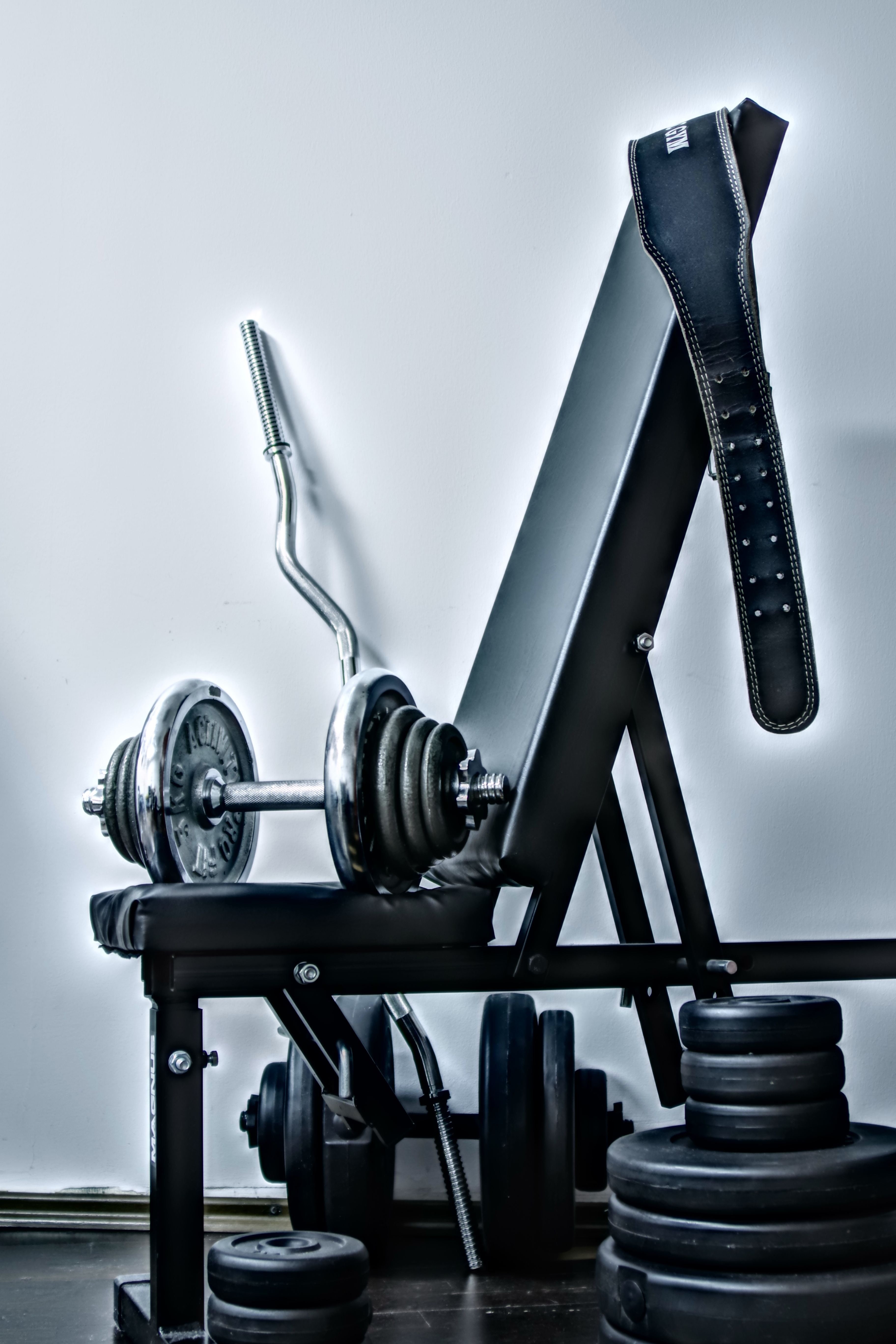 illuminated, blue, metal, bench, gym, day, machine part, table, barbells, diet, placed, still life, science, close-up, dumbbell, the strength of the, equipment, Phone HD Wallpaper