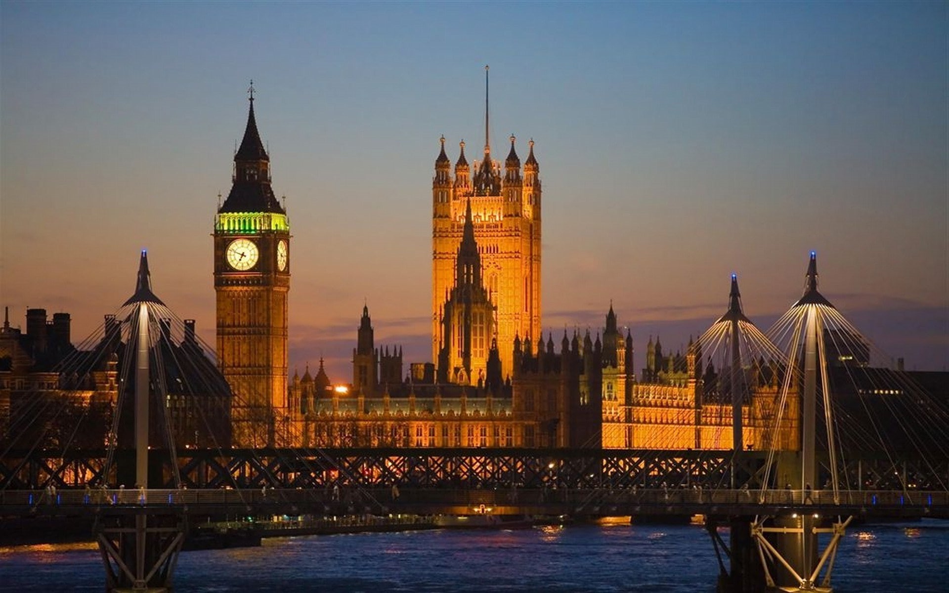 spire, clock, connection, architecture, no people, sky, tall - high, built structure, travel, water, london desktop backgrounds, bridge - man made structure, HD Wallpaper