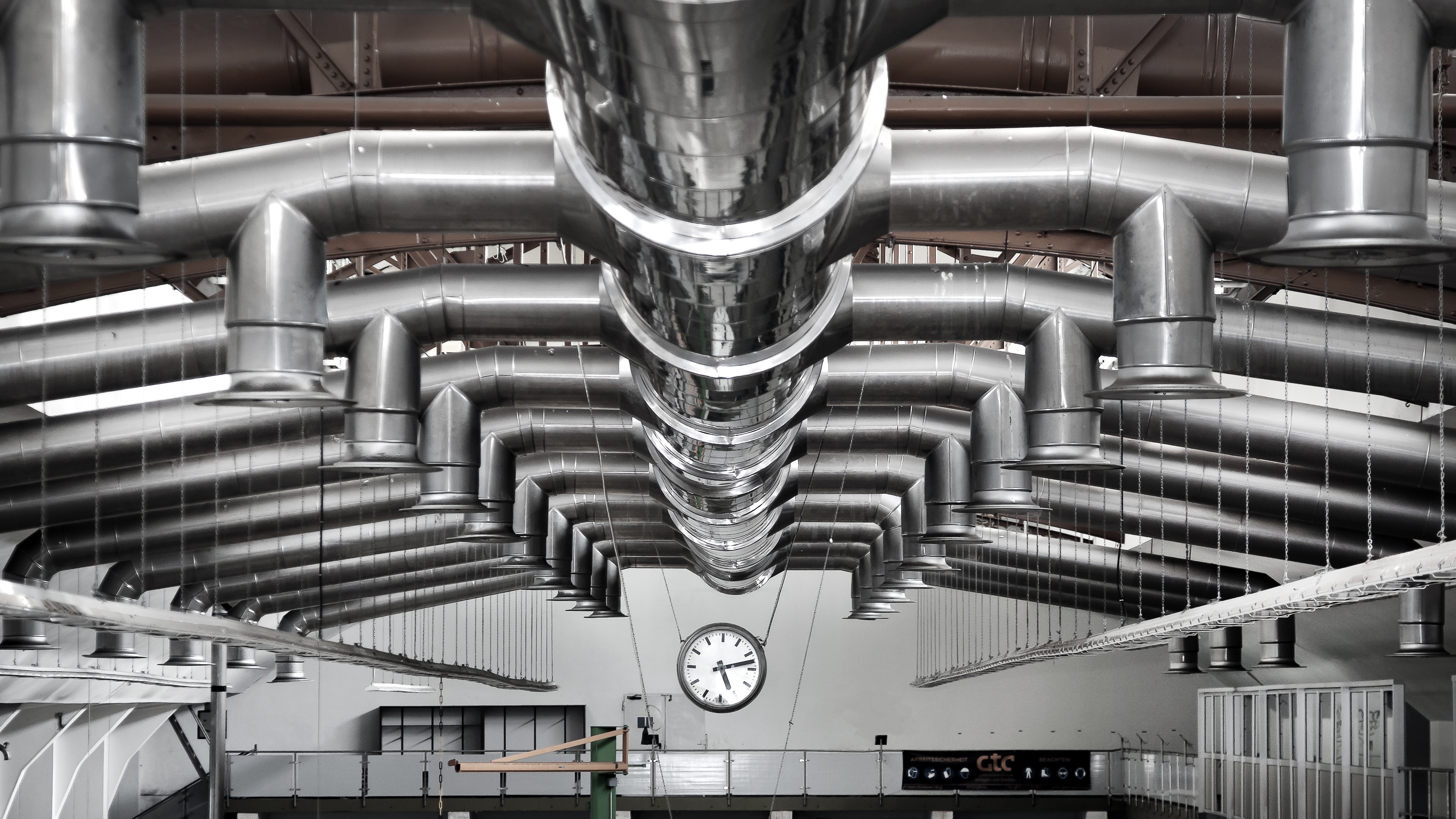 alloy, 5K, machine part, staircase, industrial hall, indoors, lighting, leave, factory building, lapsed, built structure, transportation, machine, architecture, HD Wallpaper