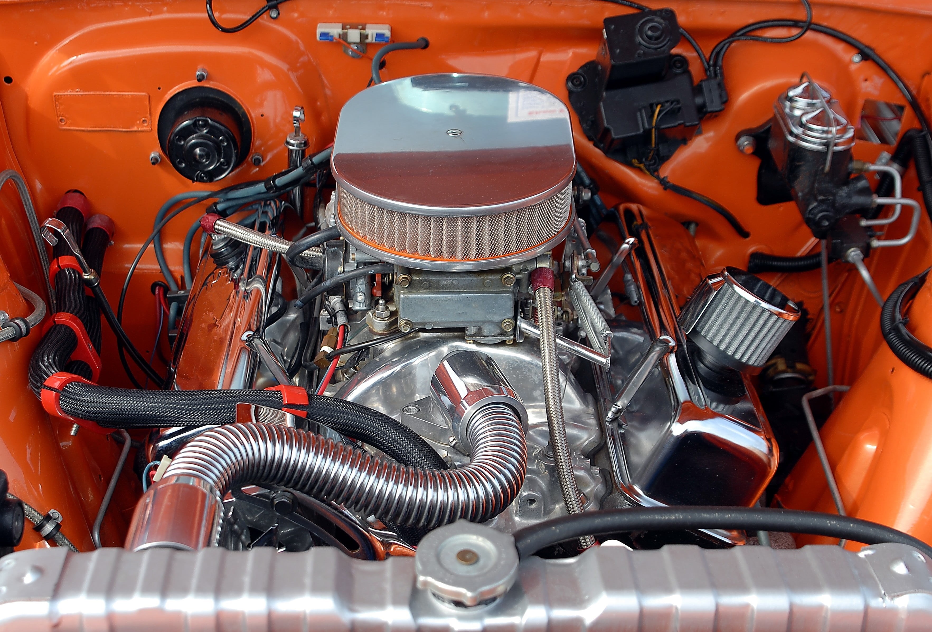 car, auto, orange color, garage, orange, junkyard, hood, close-up, land vehicle, motor, metal, mechanical, motor vehicle, gray, machine part, vehicle, silver colored, HD Wallpaper