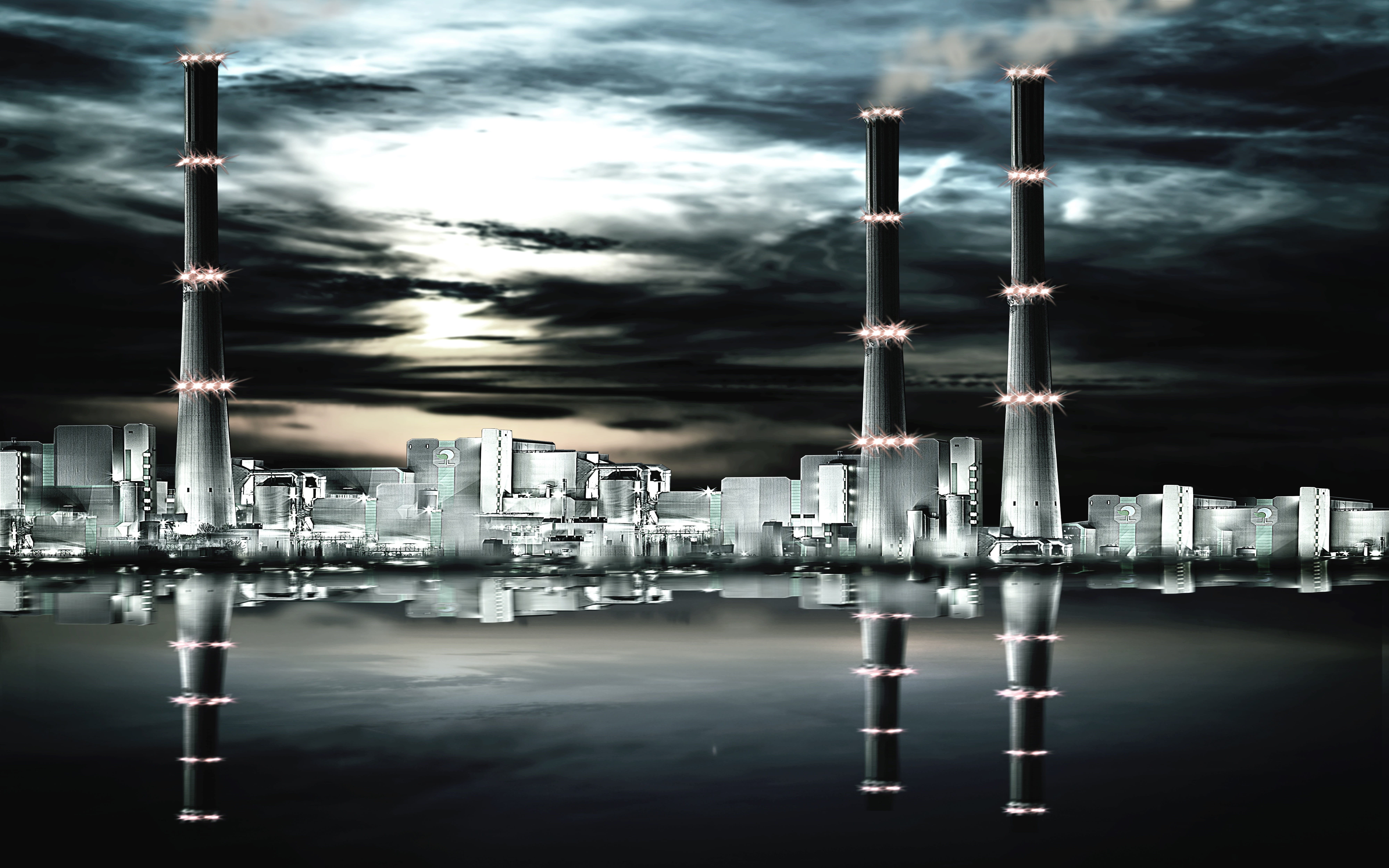 chemical plant, towers, power generation, pipe - tube, energy generation, electricity, power plant, three, factory building, night, body, outdoors, water, HD Wallpaper