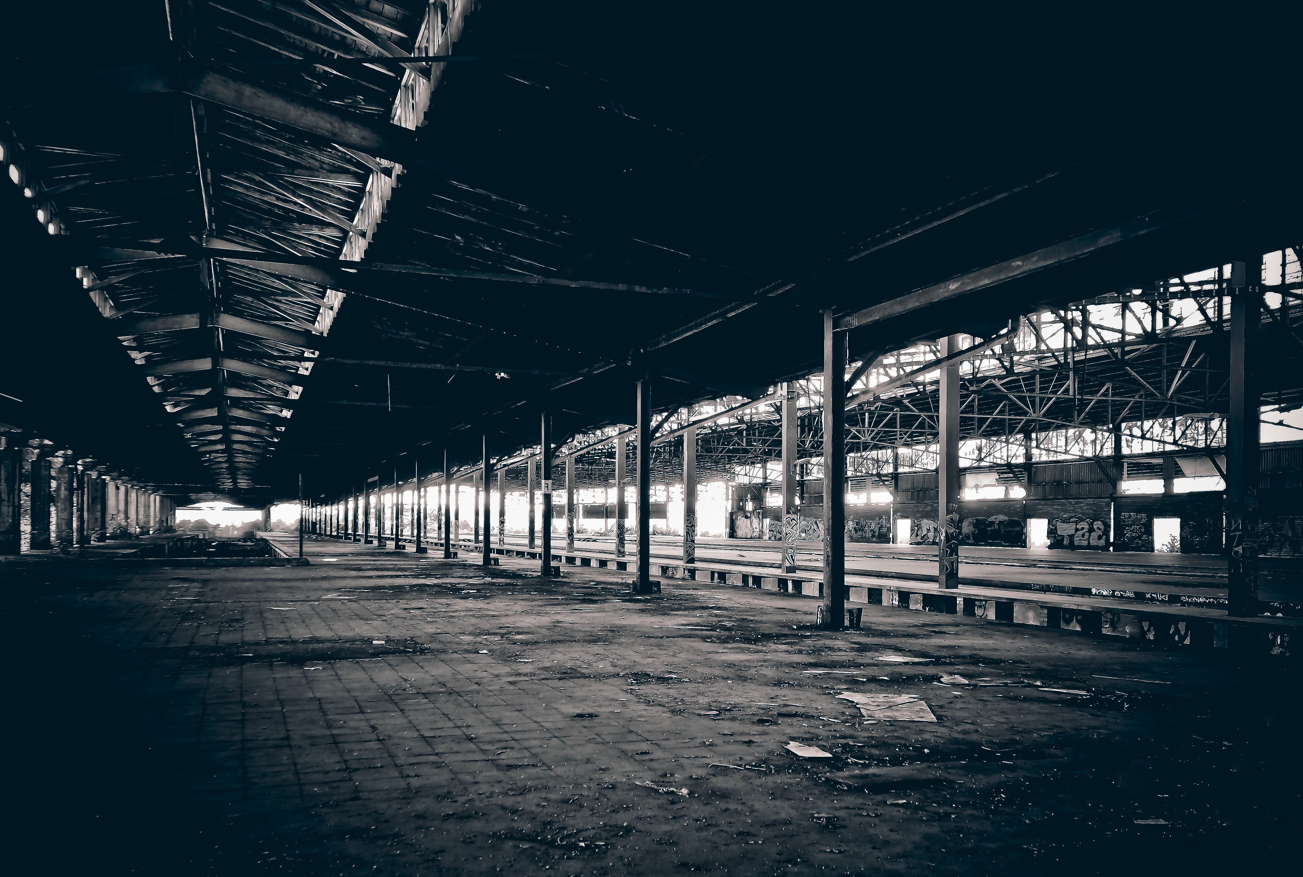 black white, weird, run down, architectural column, illuminated, transportation, void hall, transience, photography, abandoned, transient, broken, graffiti, HD Wallpaper