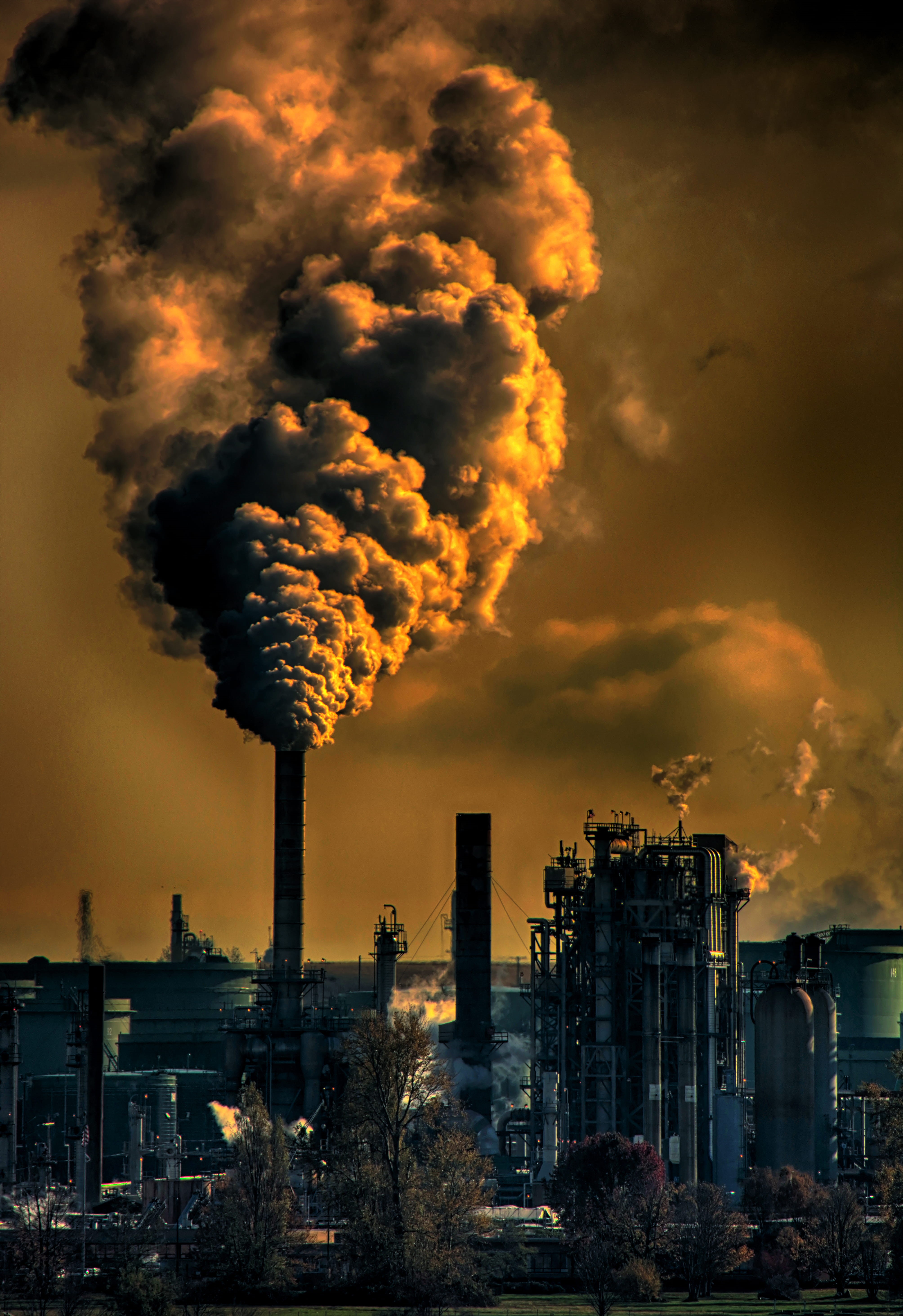 smoke stack, dawn, environment, sky, machinery, outdoors, cloud - sky, 5K, environmental issues, pollution, smoke - physical structure, industrial plant, Phone HD Wallpaper
