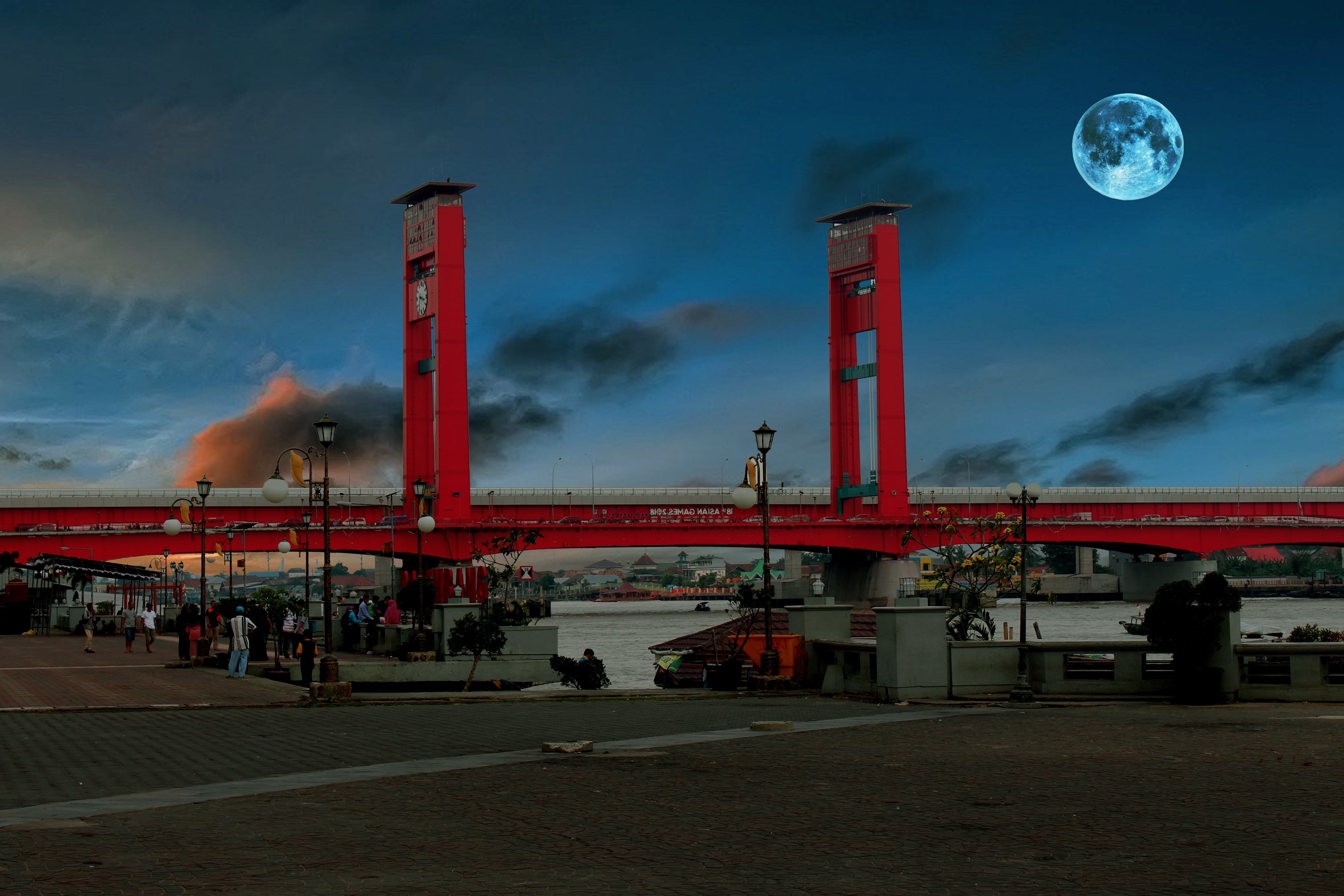 indonesian, architectural column, outdoors, palembang, dusk, nature, red, built structure, water, city, 5K, cloud - sky, architecture, industry, building exterior, HD Wallpaper