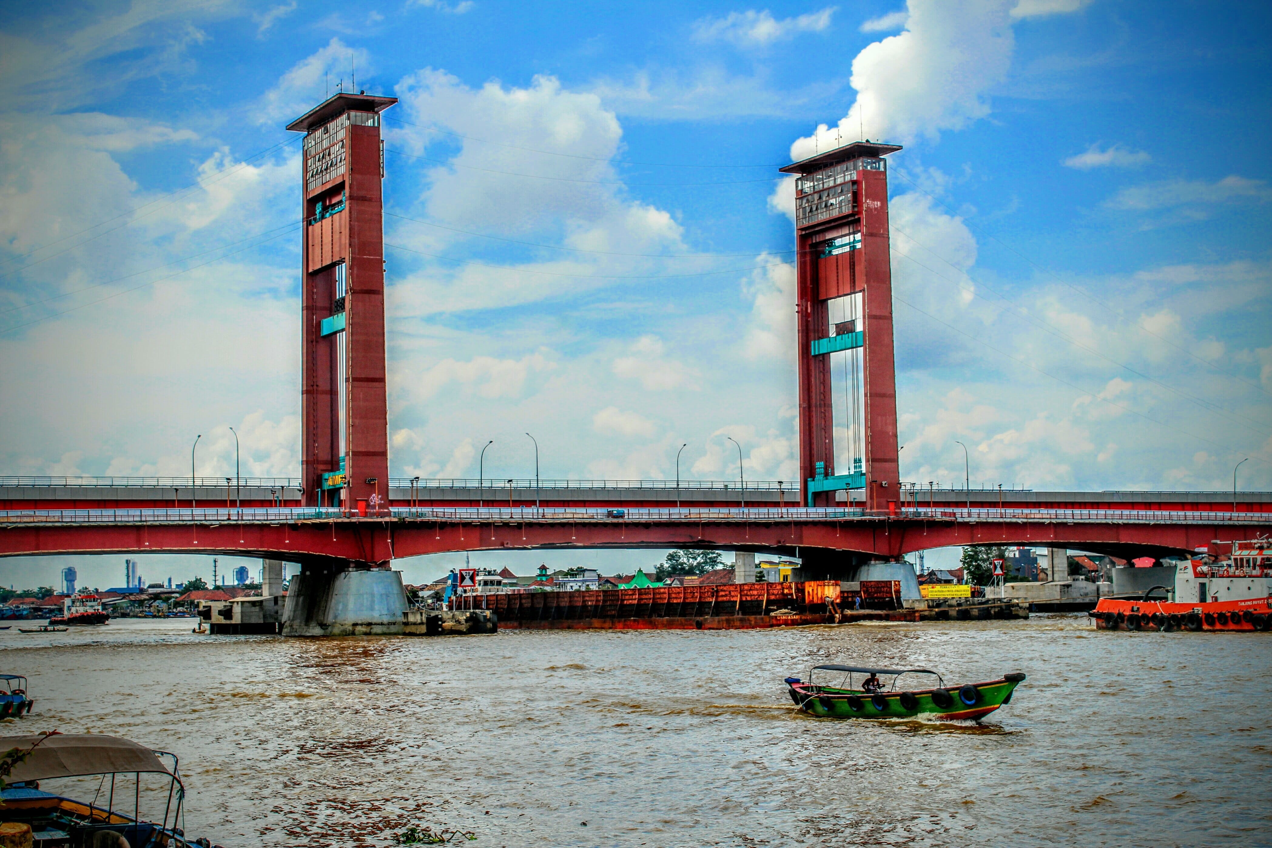 river, no people, connection, outdoors, building exterior, palembang, sky, 4K, industry, waterfront, ampera, built structure, transportation, nature, water, HD Wallpaper