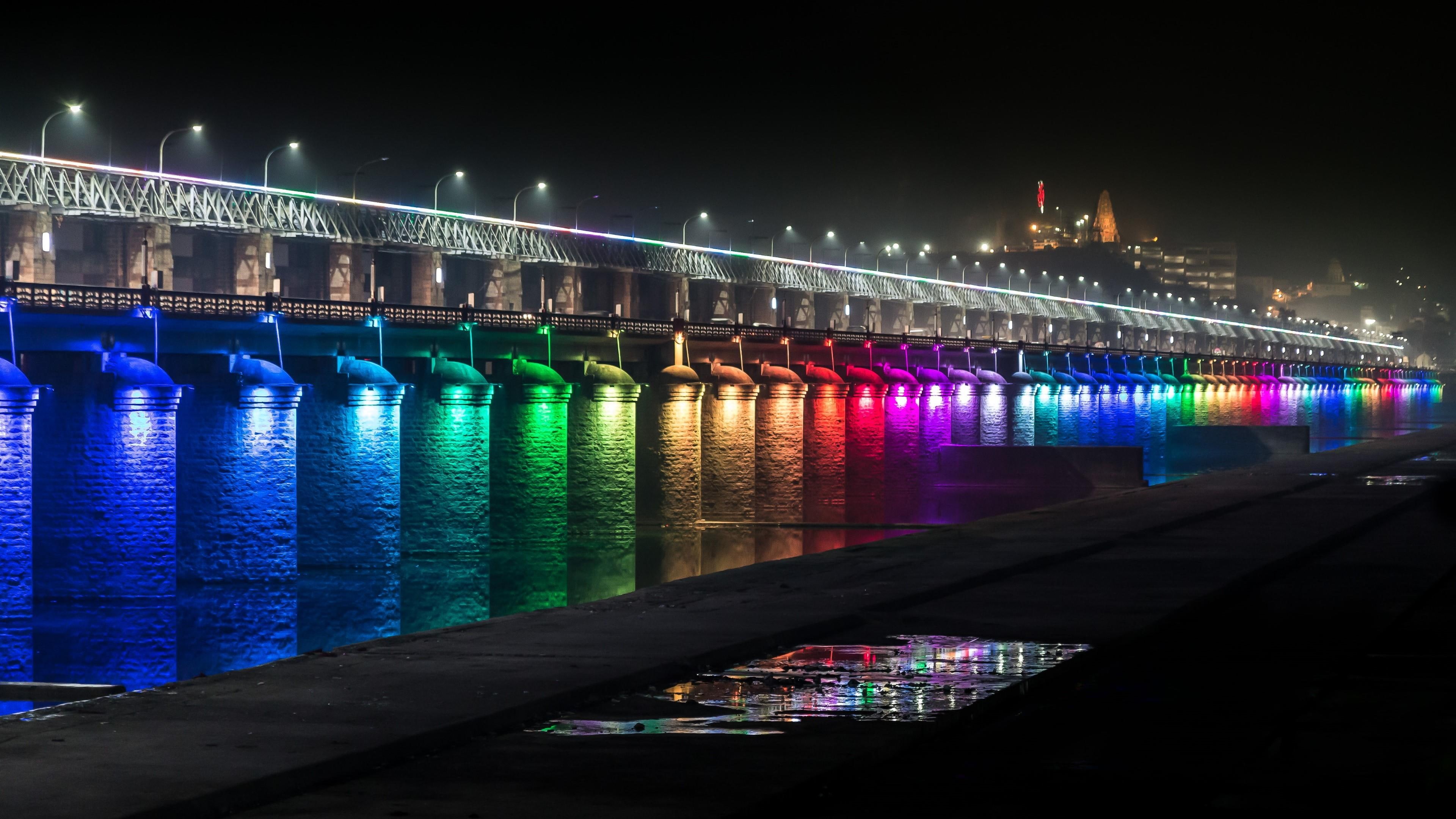 river, colorful, dusk, city, 4K, night, lights, river krishna, india, bridge, asia, neon lights, vijayawada, HD Wallpaper