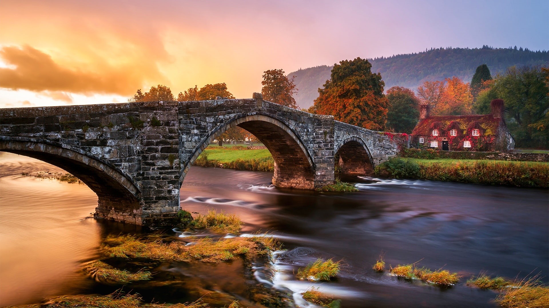 snowdonia, 1080P, united kingdom, llanrwst bridge, bridge, europe, tea rooms, conwy river, river, llanrwst, stone bridge, conwy, bank, wales, arch bridge, HD Wallpaper