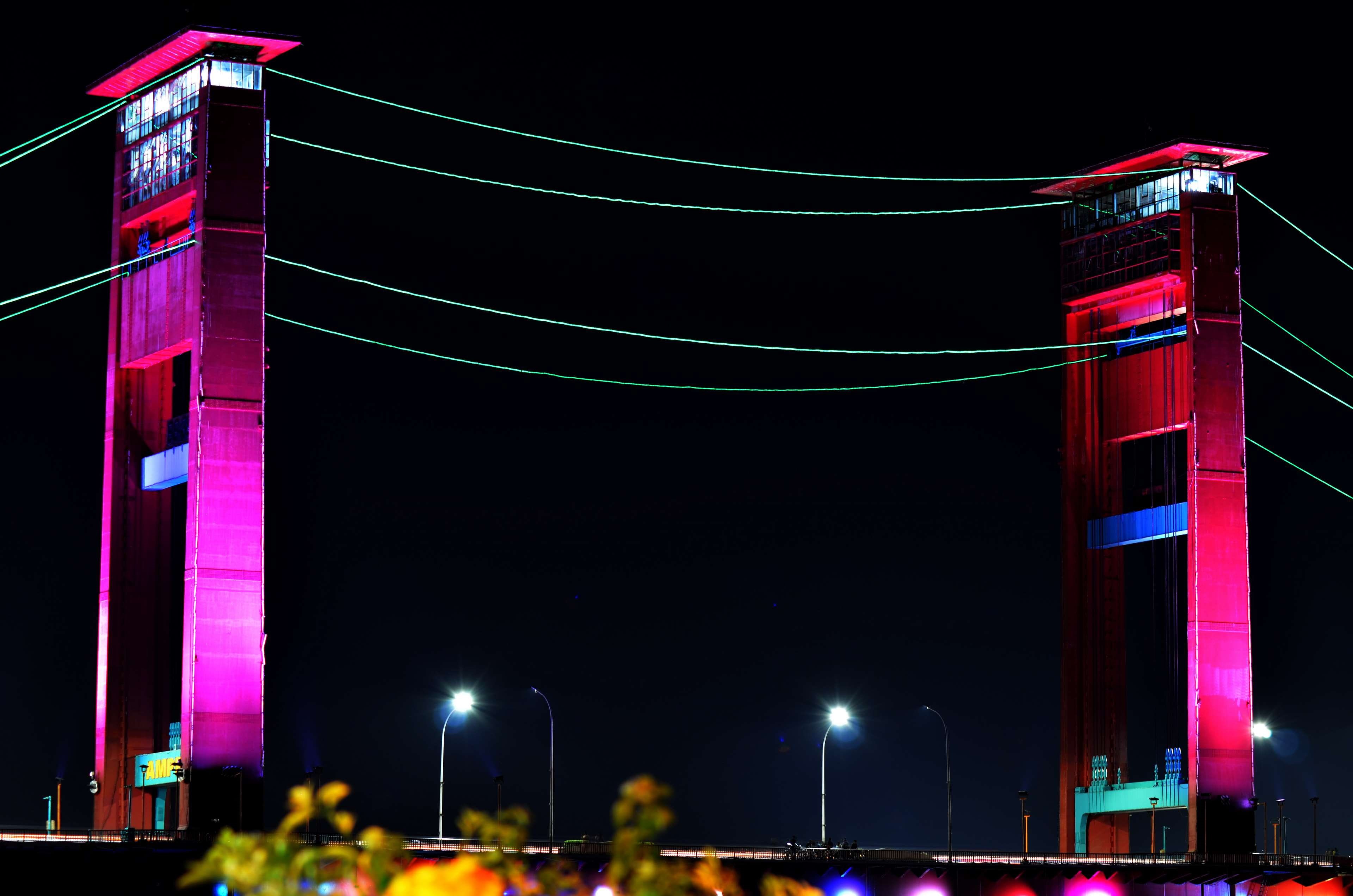 tall - high, city, arts culture and entertainment, light, jembatan ampera palembang wong kito, lighting equipment, built structure, cable, 4K, outdoors, HD Wallpaper