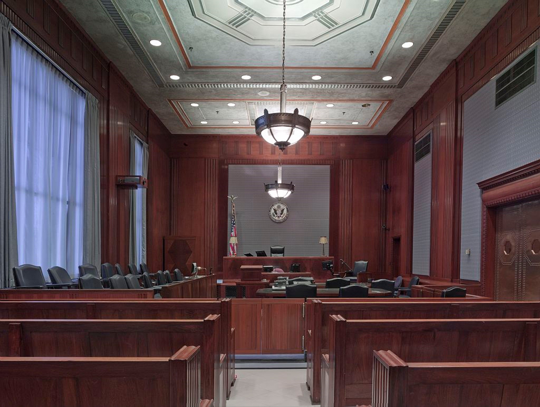 absence, building, wooden, illuminated, benches, inside, chairs, architecture, brown, jury, home interior, seat, courtroom, hanging, law, ceiling, luxury, HD Wallpaper