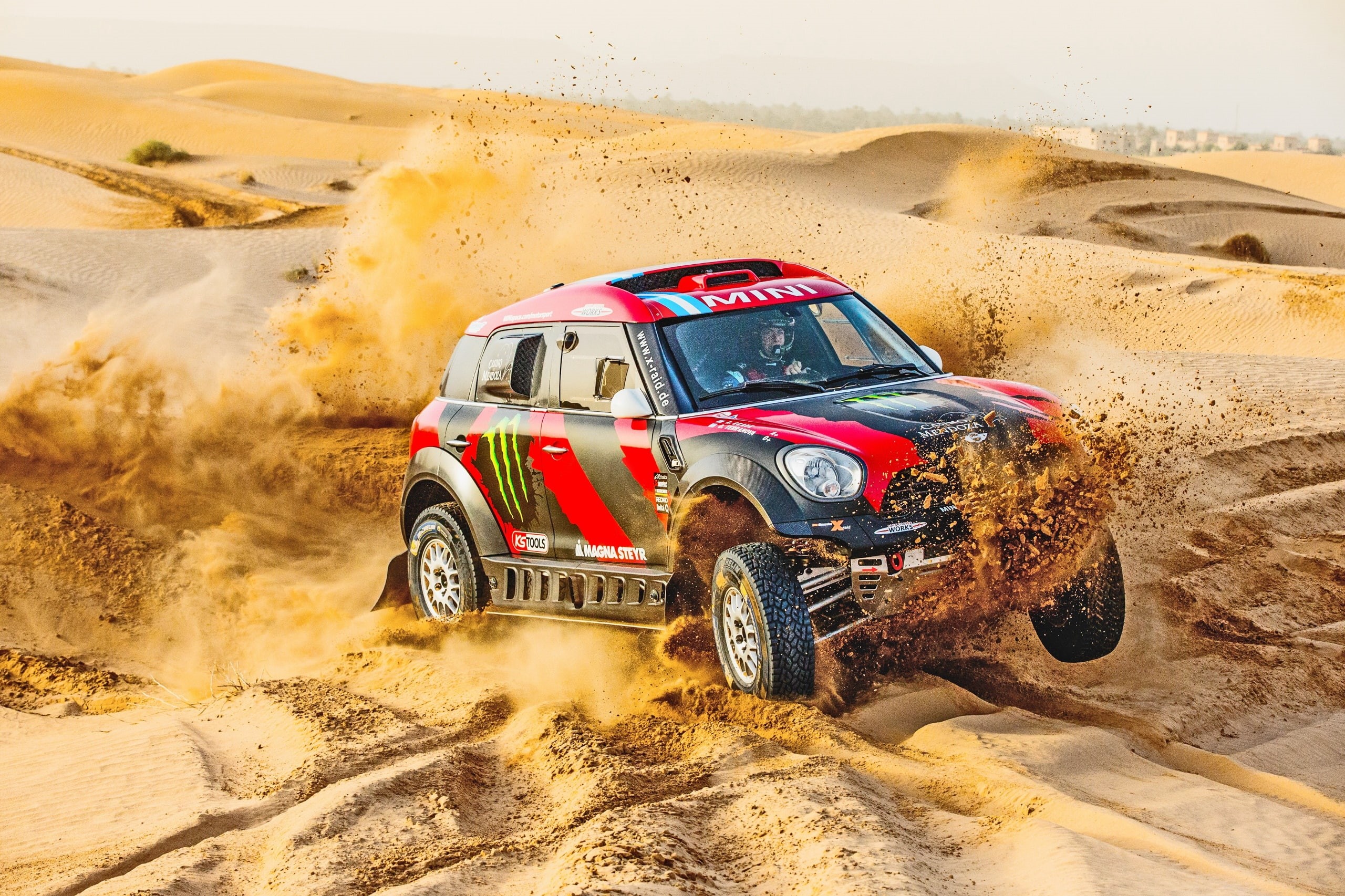 vehicle, racing, car, sand, Mini Cooper, desert, 2K, HD Wallpaper