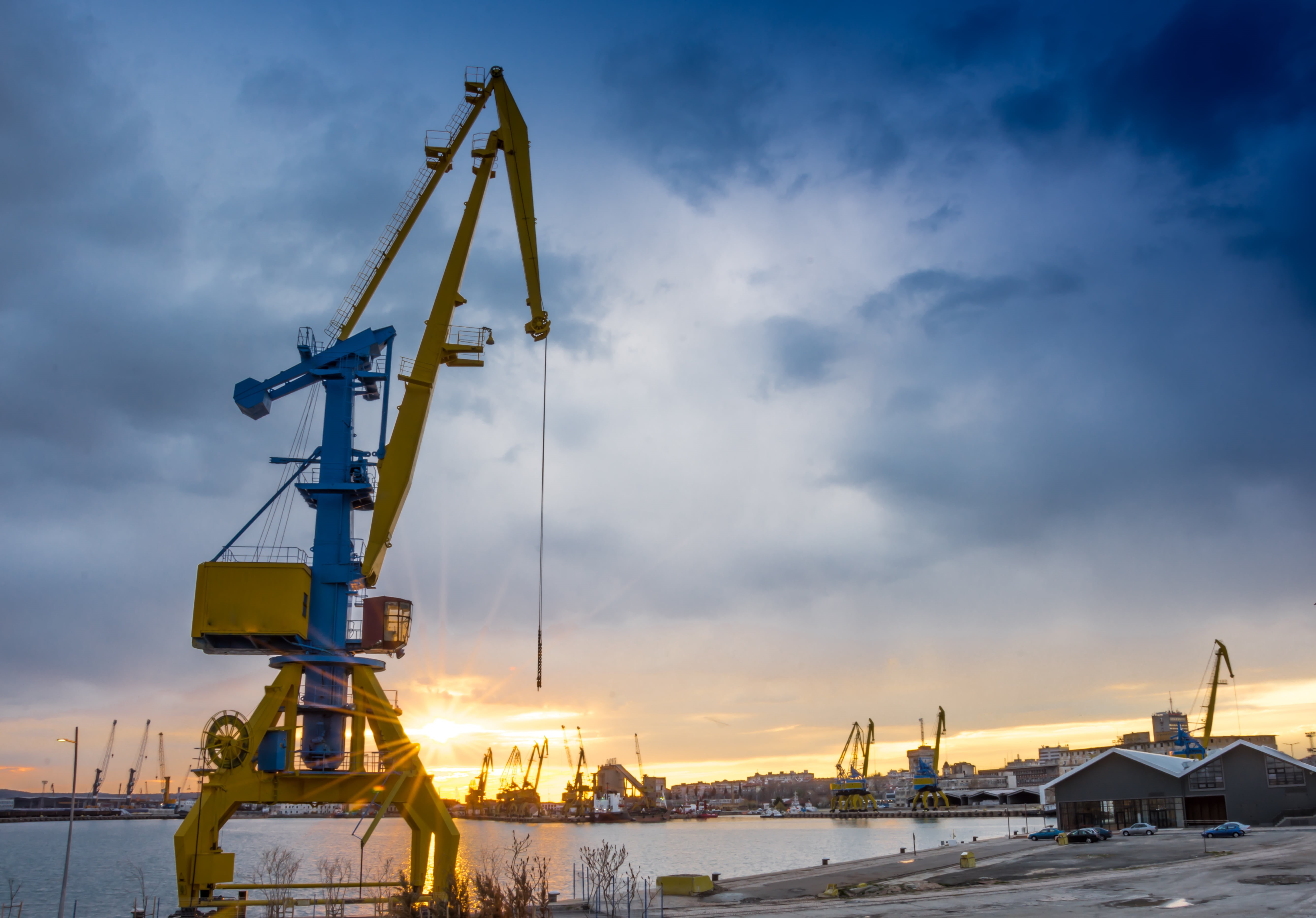 cargo, dusk, freight transportation, no people, blue, yellow, cloud - sky, equipment, industry, loading, nature, transportation, machinery, industrial, HD Wallpaper