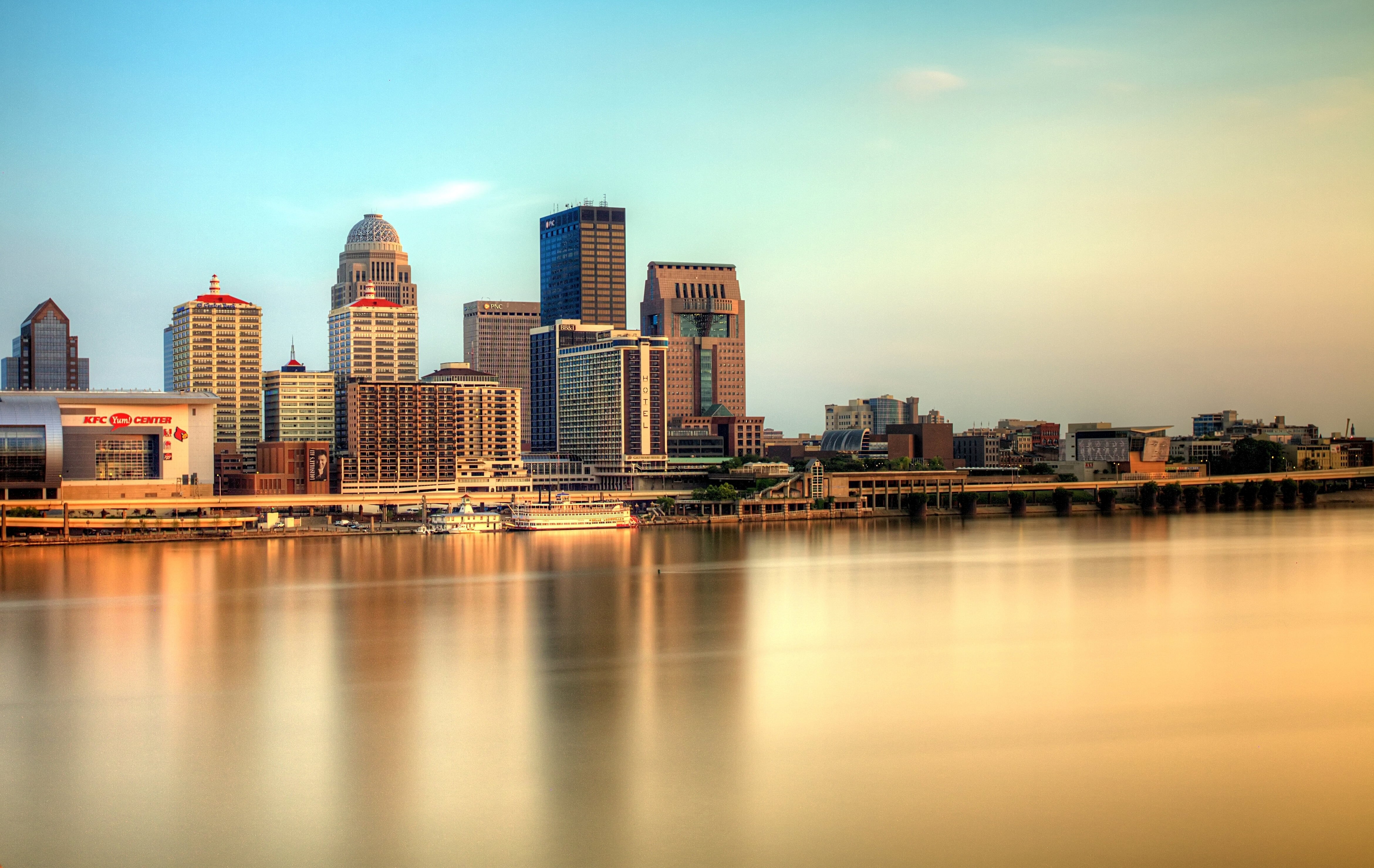 city, urban Skyline, dusk, building, Louisville  Kentucky, body of water, 4K, beside, body, architecture, Skyline, skyscraper, river, downtown District, HD Wallpaper