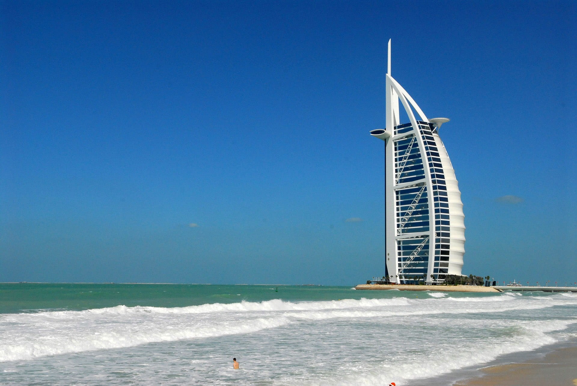 public domain, tourism, sailboat, horizon over water, travel, beauty in nature, hotel, clear sky, Burj Al Arab, Seashore, vacations, Dubai, architecture, HD Wallpaper