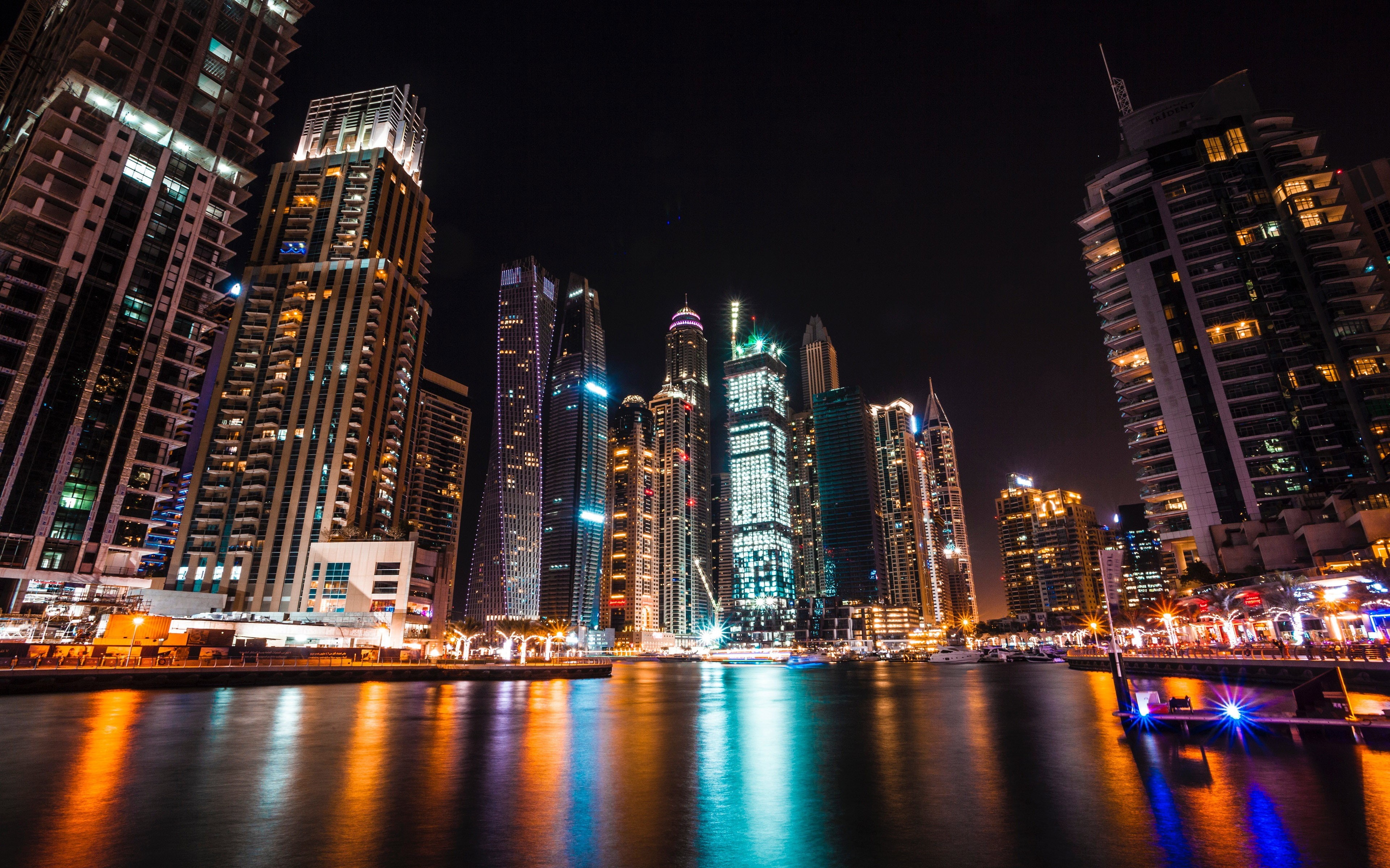 modern, building, waterfront, landscape, tower, skyscraper, dubai, night, building exterior, city, office building exterior, illuminated, financial district, HD Wallpaper