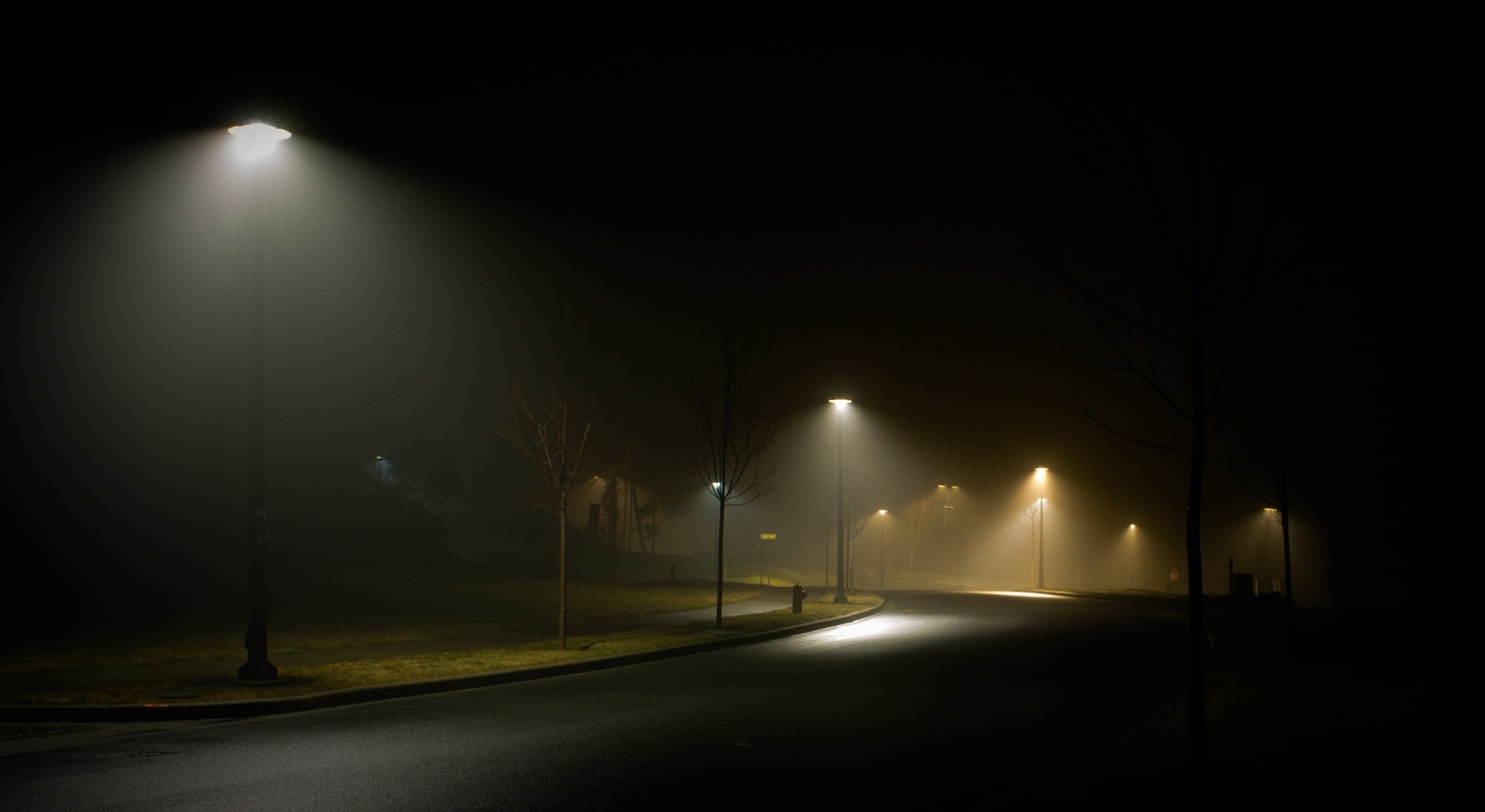 mist, grass, landscape, nature, night, street, urban, lantern, 1080P, spring, street light, empty, city, Canada, HD Wallpaper