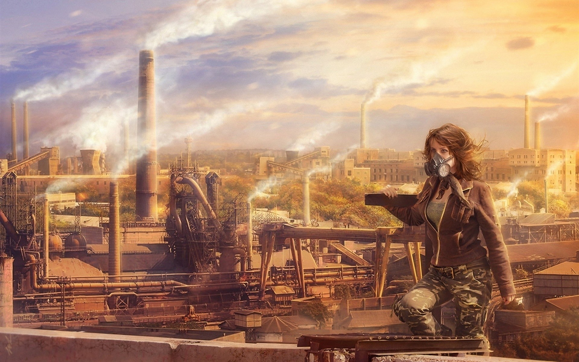 1080P, gas masks, women, industrial, pollution, artwork, futuristic, HD Wallpaper