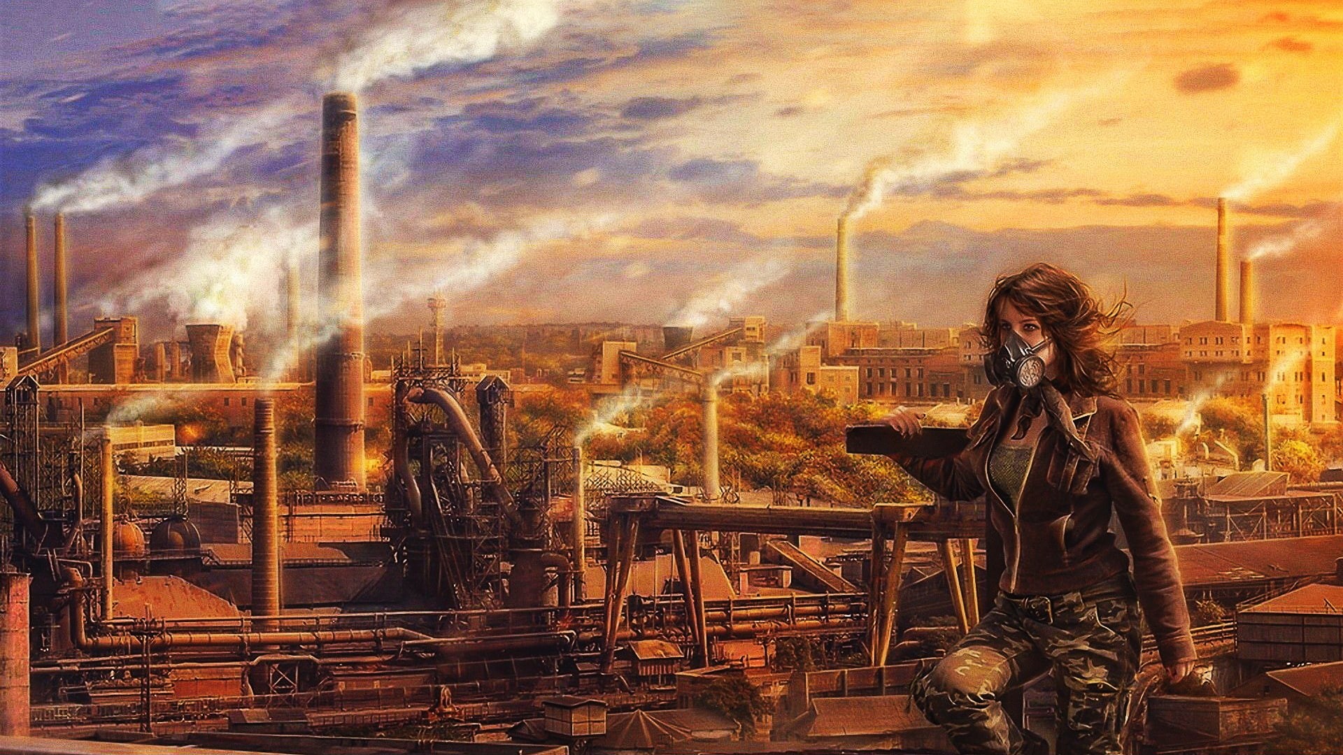 apocalyptic, industrial, sky, pollution, 1080P, artwork, women, gas masks, HD Wallpaper