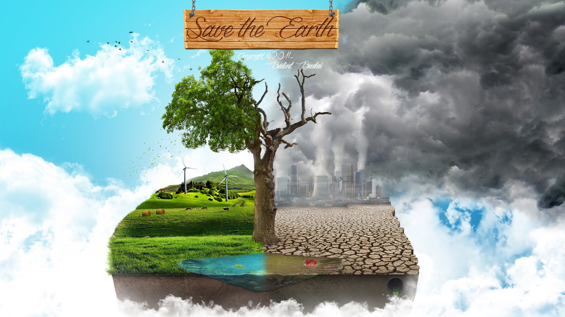 water, sign, architecture, building exterior, cloud - sky, environment pollution, communication, guidance, plant, nature, text, day, tree, 1080P, power in nature, HD Wallpaper