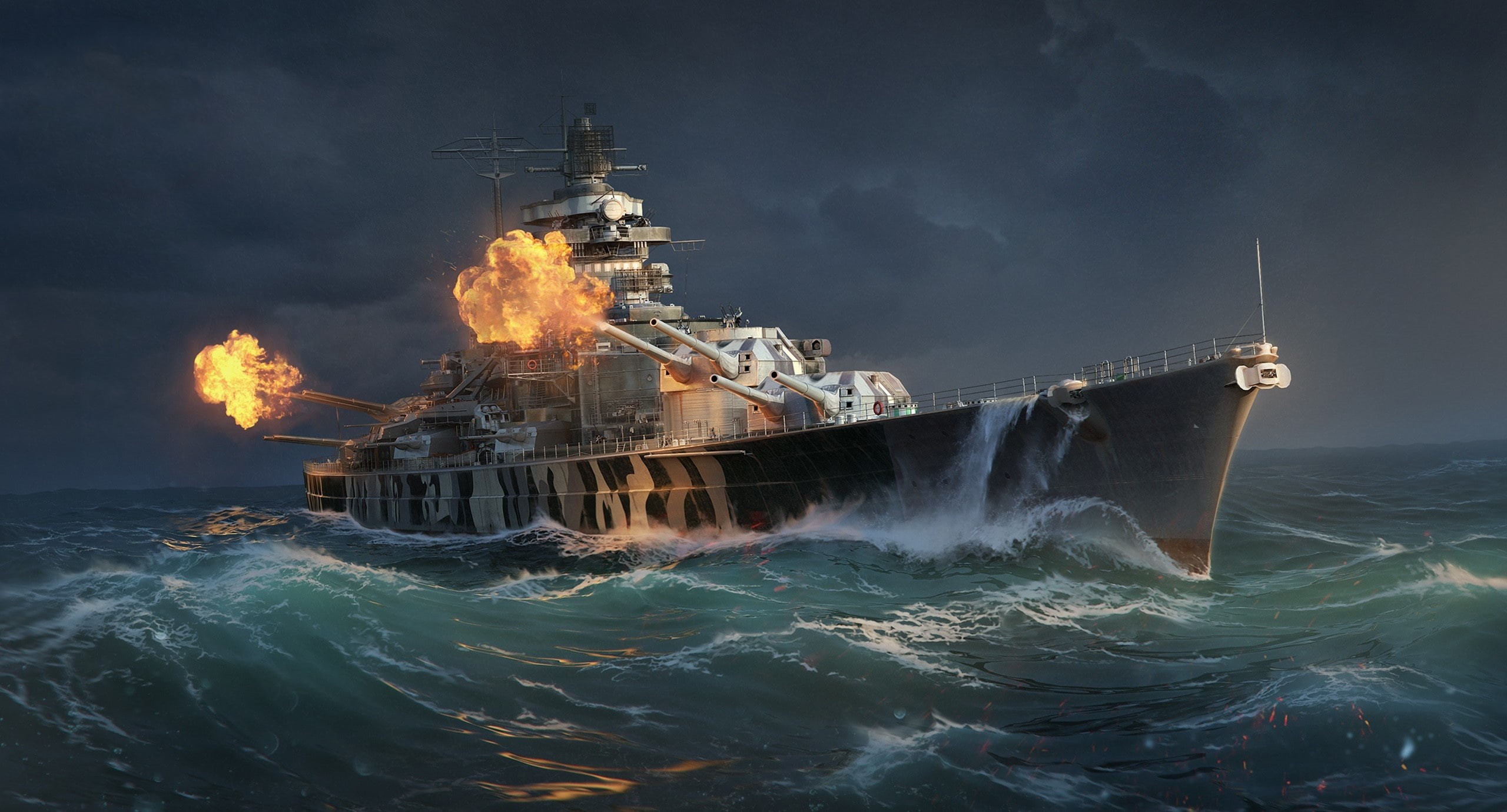2K, World of Warships, Sea, Battleship, The World Of Ships, Tirpitz, Camouflage, Volley, Water, Shot, Ship, WoWS, Wave, Wargaming Net, HD Wallpaper