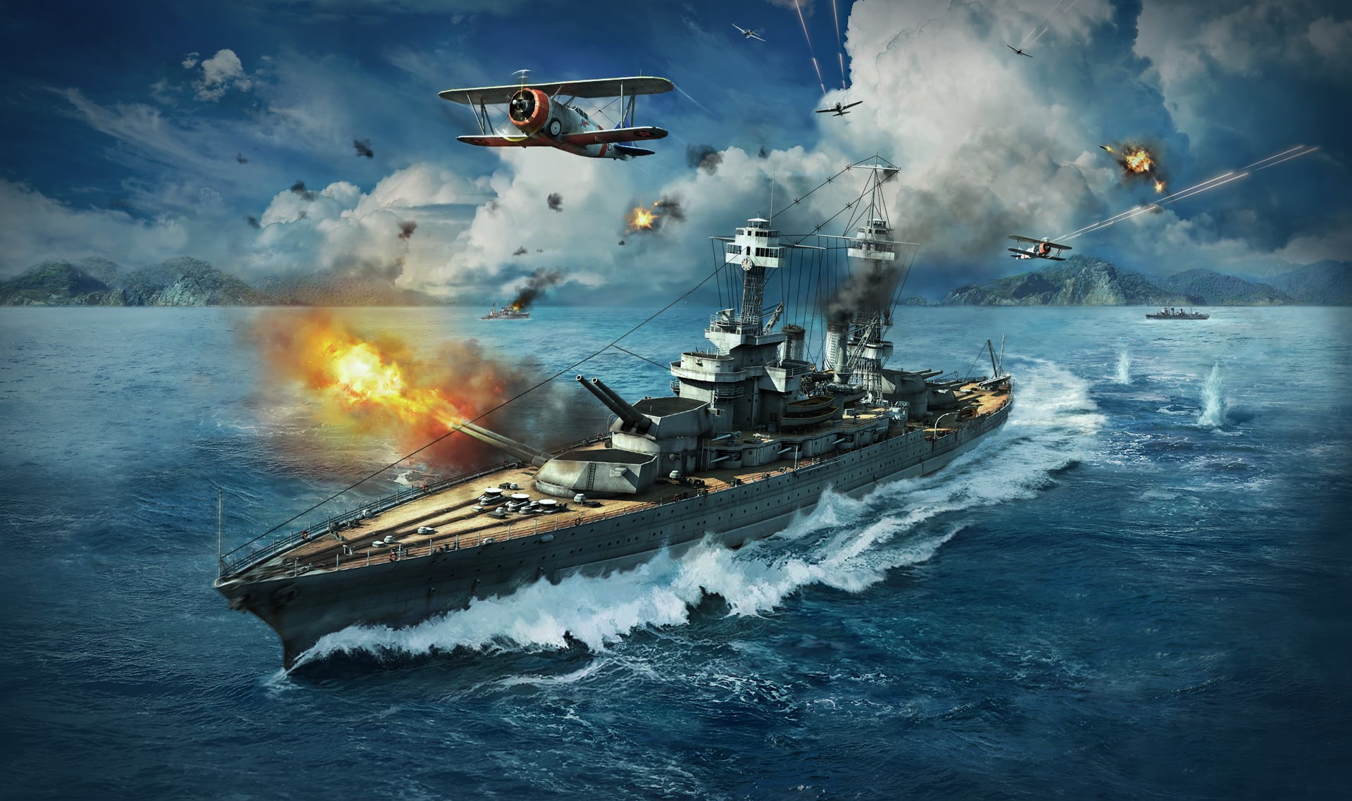 The World Of Ships, leaving, Flame, WoWS, sea, helicopter, Battleship, brown, war, blue, submarine, army, burning, nature, white, mode of Transport, Camouflage, HD Wallpaper