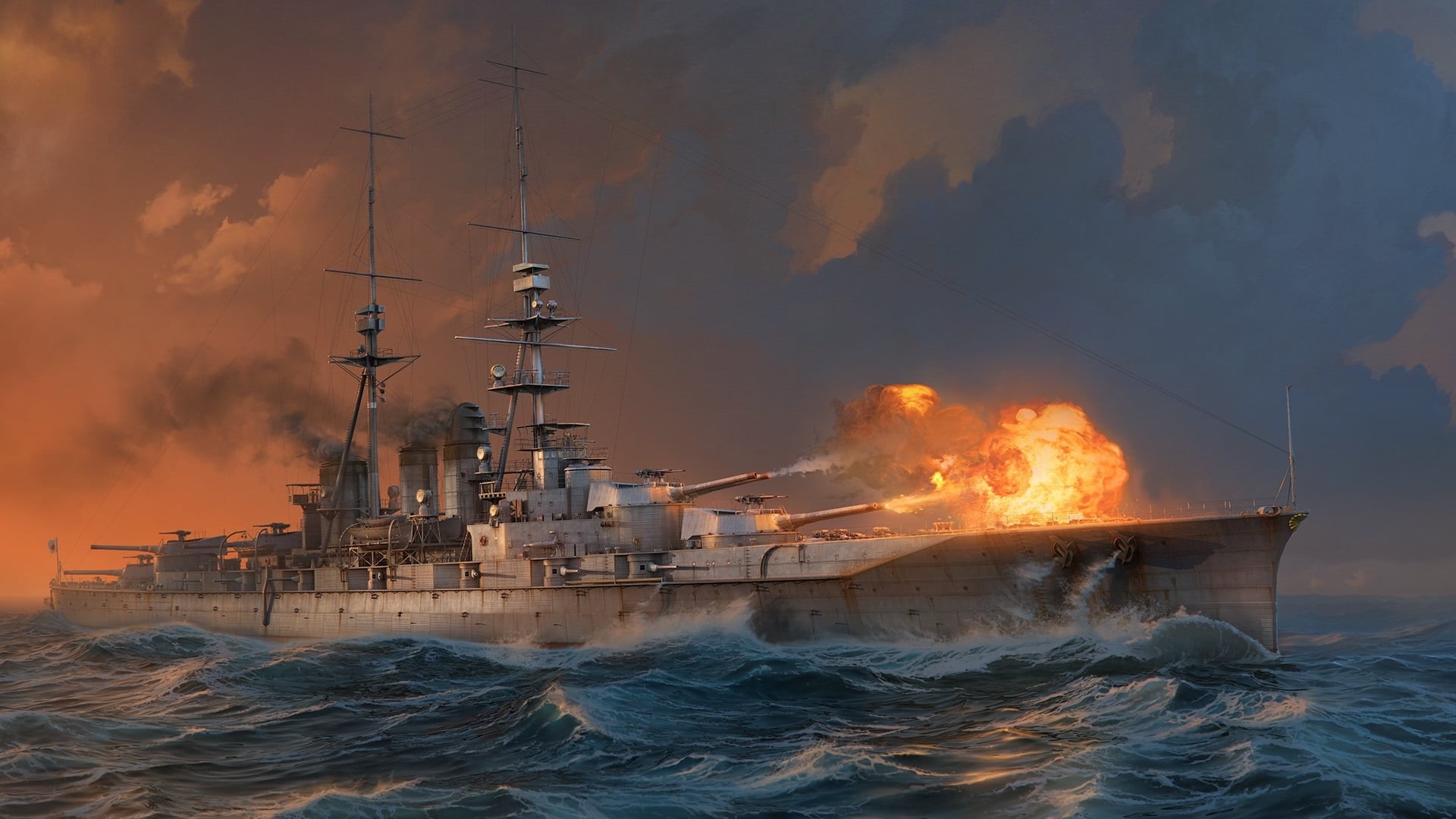 nautical vessel, World of Warships, fire - natural phenomenon, cloud - sky, power in nature, Ishizuchi, motion, Volley, The World Of Ships, sailboat, HD Wallpaper