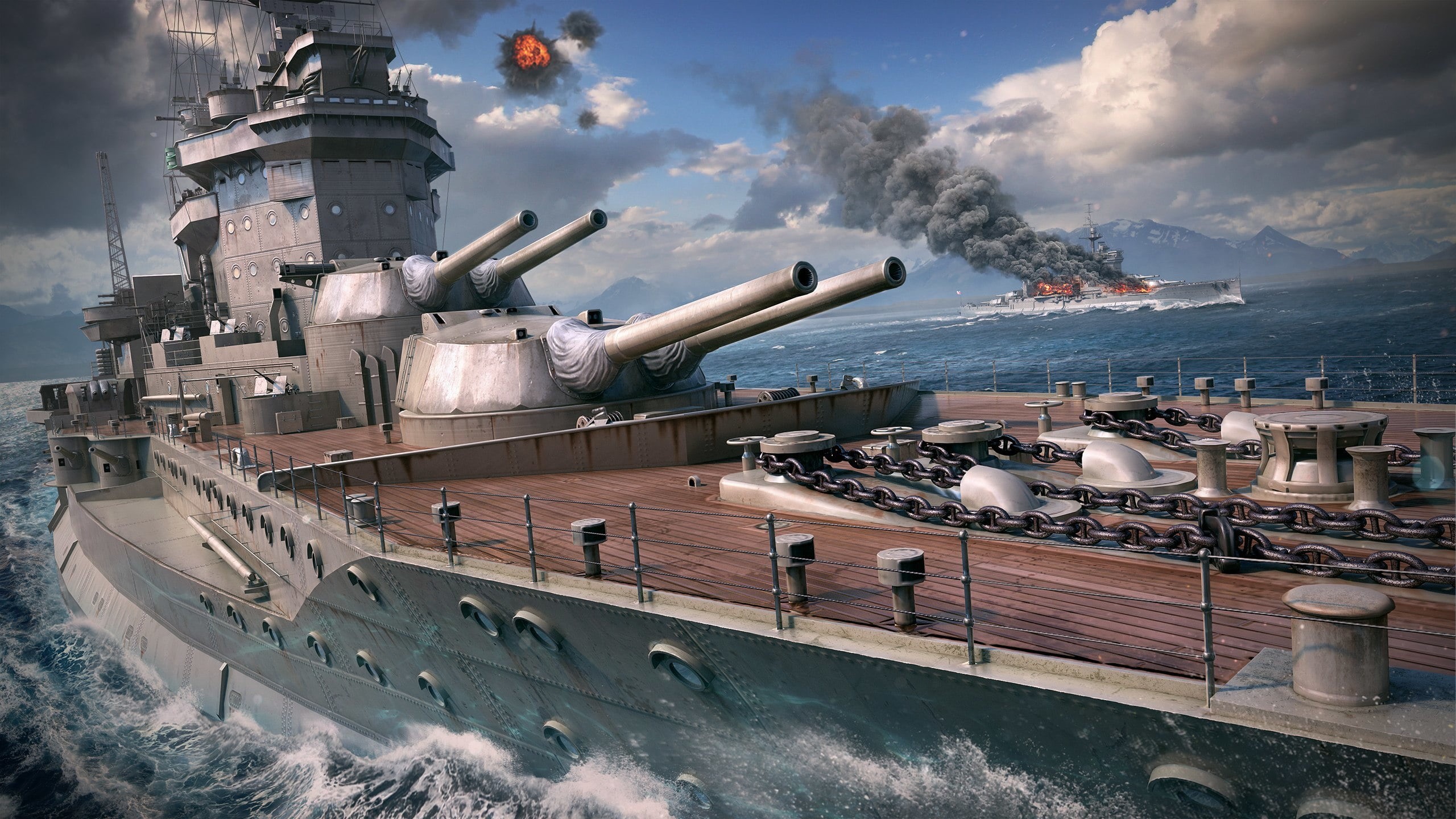 The EVK Warspite, transportation, HMS Warspite, sky, travel, Battleship, cannon, weapon, Warspite, snowcapped mountain, The World Of Ships, nature, fighting, HD Wallpaper