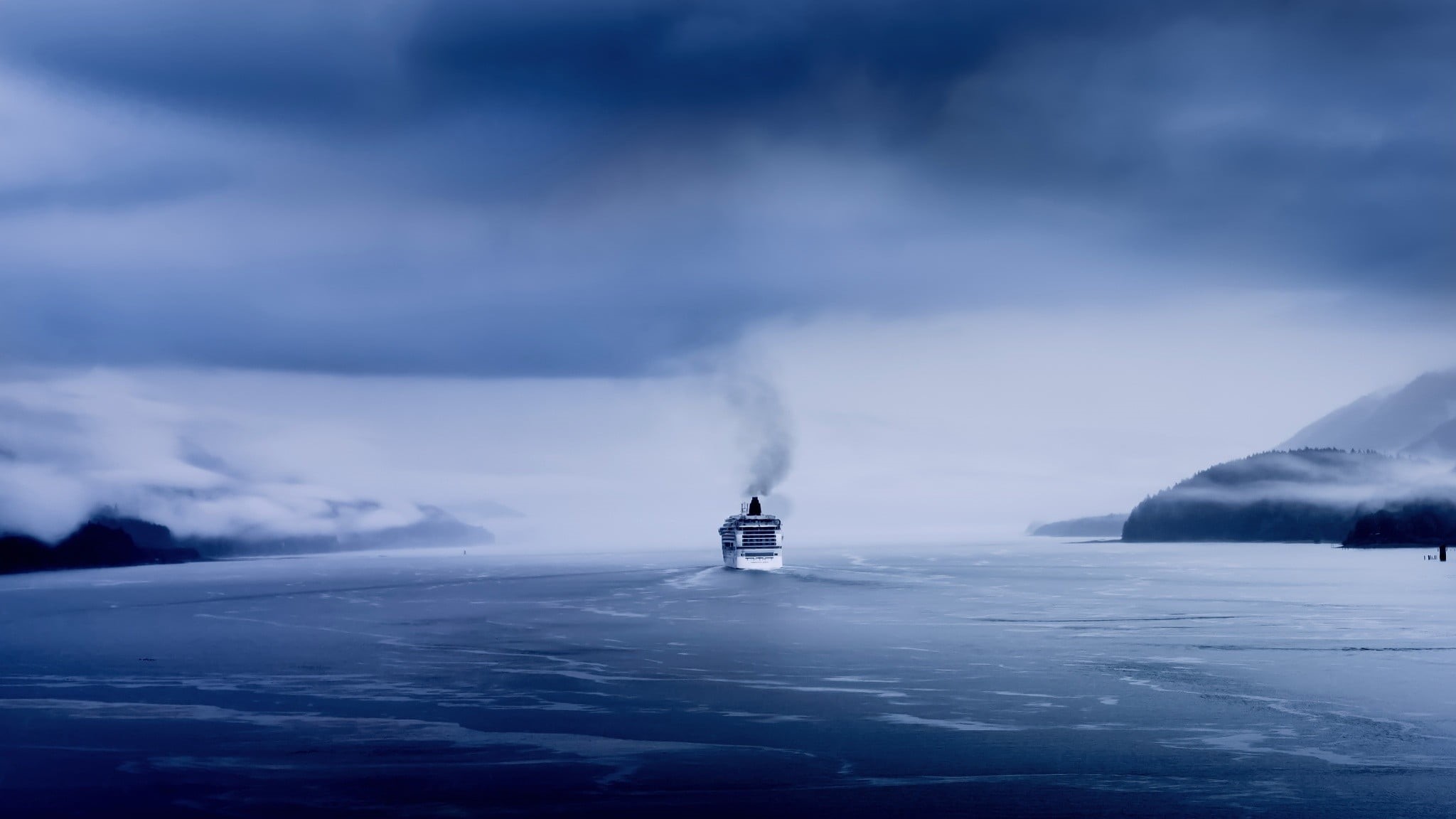 ship, cloud - sky, non-urban scene, geology, Maersk, clouds, mist, water, pollution, waves, no people, sea, day, mountains, smoke - physical structure, HD Wallpaper
