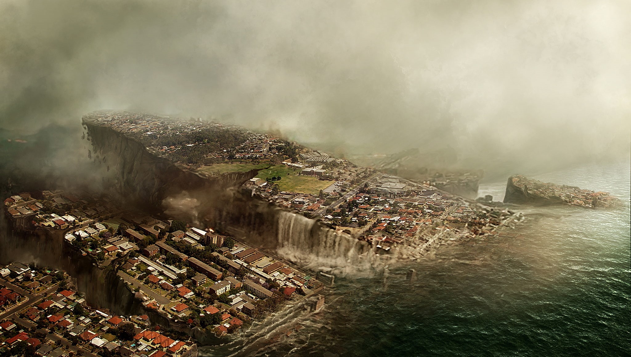 destruction, the city, the end of the world, the building, panorama, 1080P, Apocalypse, flood, the sky, break, HD Wallpaper