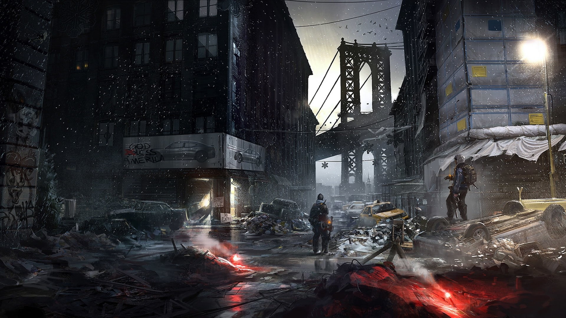 Tom Clancys The Division, city, danger, Spotlight, The situation, reflection, Clouds, The sky, outdoors, Lights, Machine, architecture, Weapons, HD Wallpaper