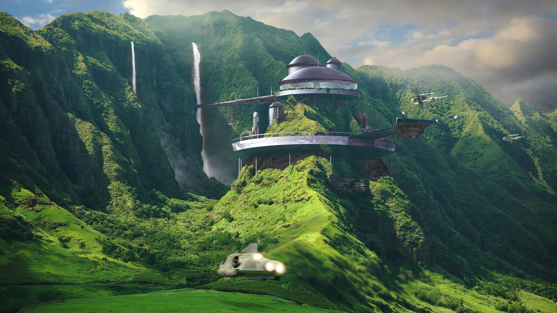 waterfall, land, green color, environment, mountain, scenics - nature, futuristic, tranquility, plant, nature, mountain range, architecture, tranquil scene, HD Wallpaper