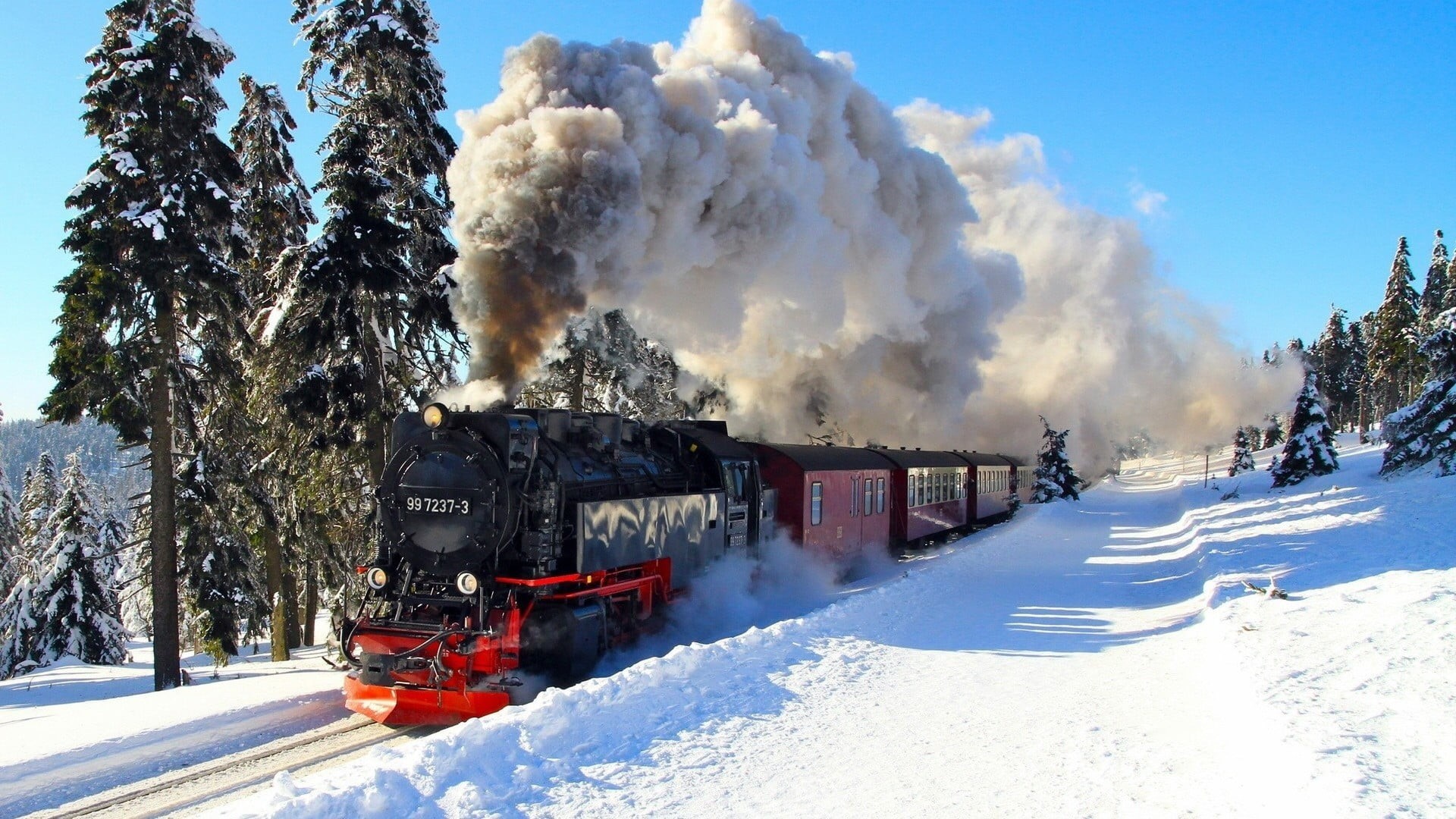 train - vehicle, plant, black, vehicle, tree, pollution, sky, day, 1080P, steam train, smoke - physical structure, track, snow, steam locomotive, snowcapped mountain, HD Wallpaper