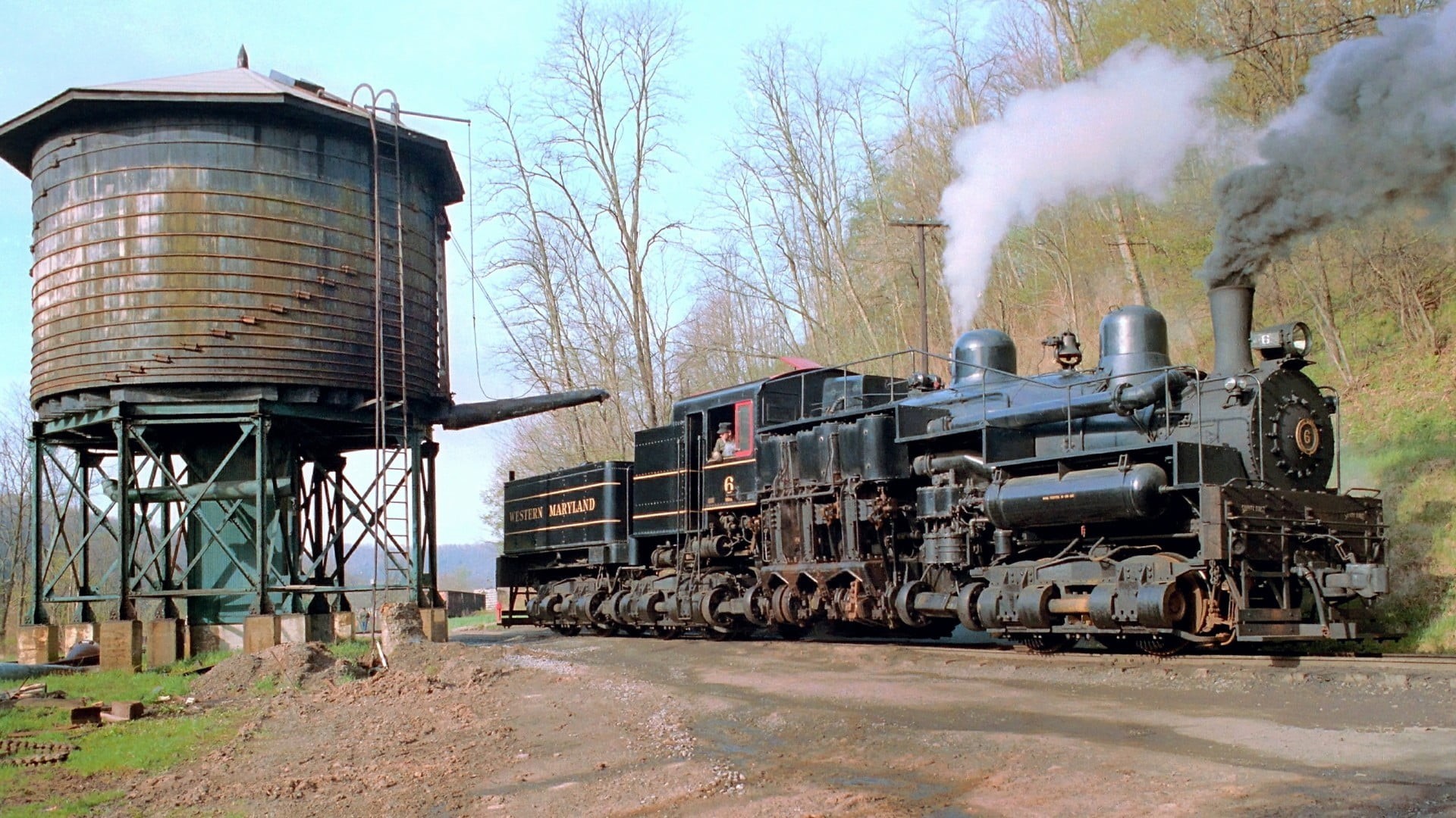 steam locomotive, smoke - physical structure, 1080P, architecture, no people, mode of transportation, steam train, nature, vehicle, environmental issues, HD Wallpaper