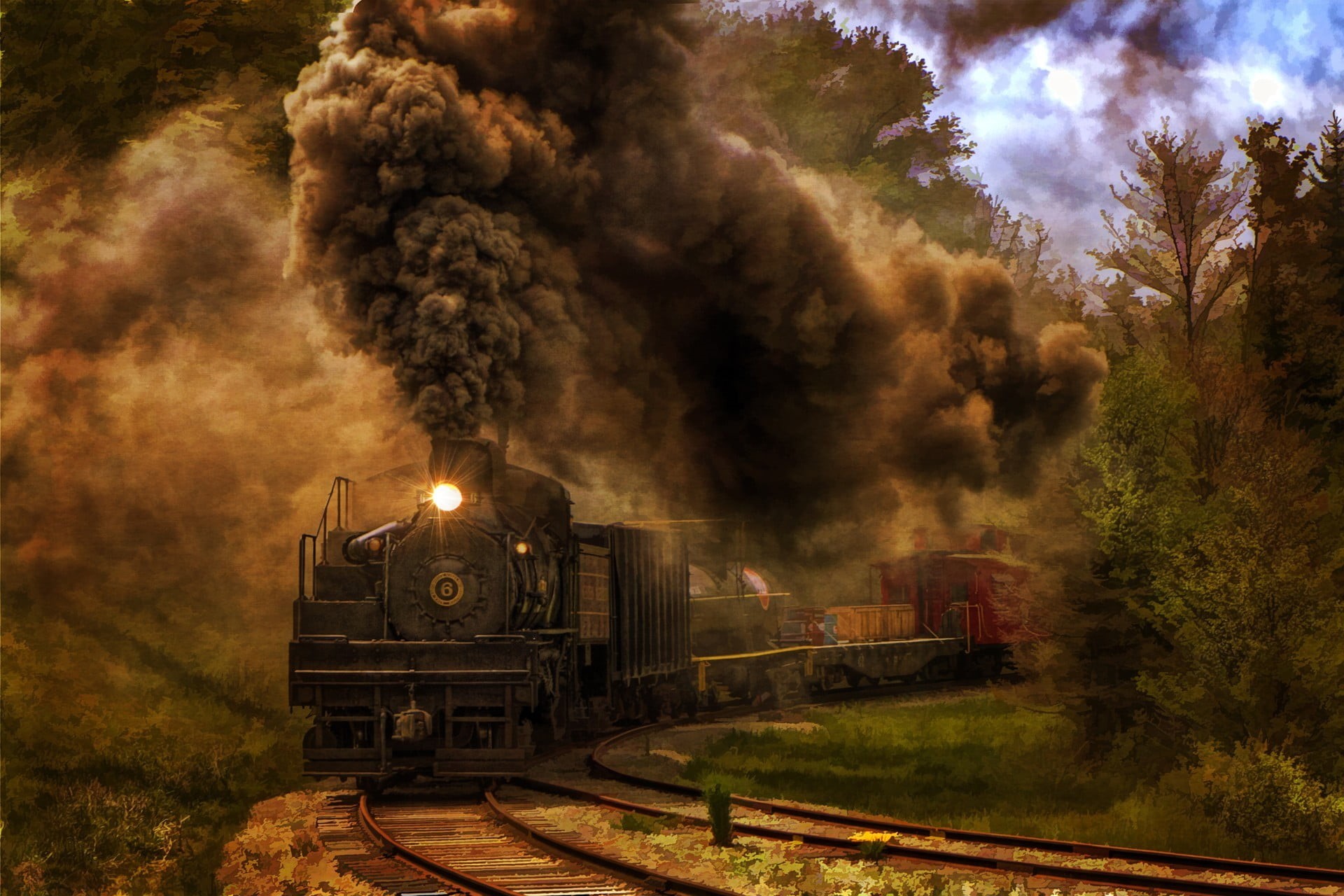 train, no people, steam, 1080P, plant, sky, track, outdoors, rail transportation, mode of transportation, steam train, trees, public transportation, nature, HD Wallpaper
