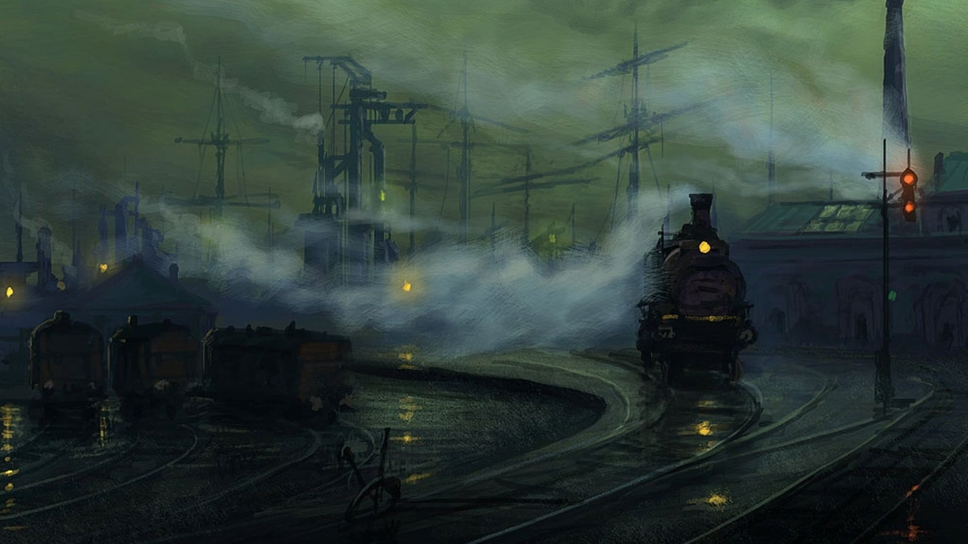 architecture, black, mode of transportation, 1080P, painting, artwork, illuminated, transportation, track, smoke, steam locomotive, railroad track, smoke - physical structure, HD Wallpaper
