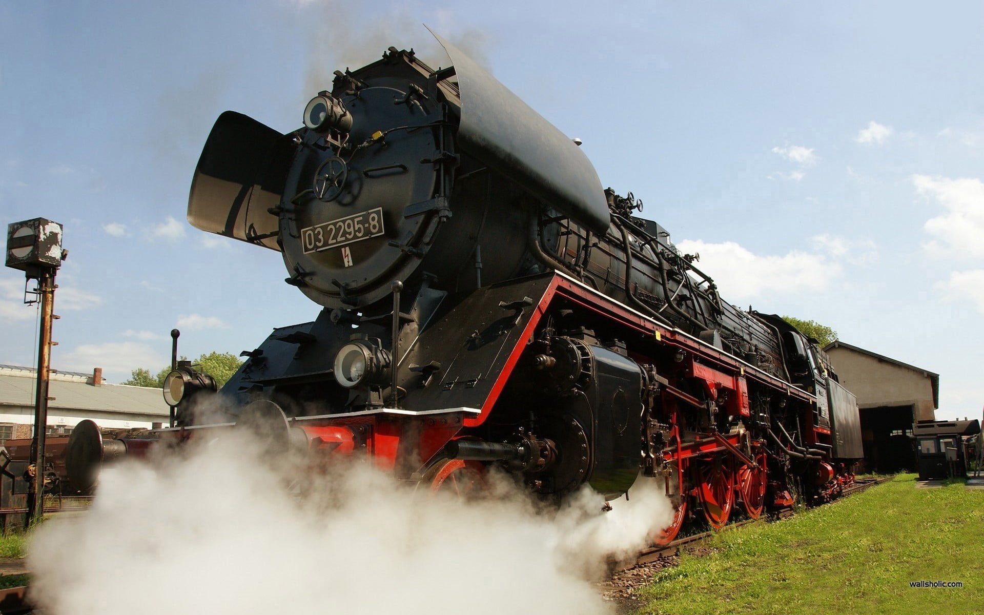 day, train - vehicle, 1080P, black, steam train, vehicle, rail transportation, vintage, motion, cloud - sky, military, train, sky, outdoors, nature, red, HD Wallpaper